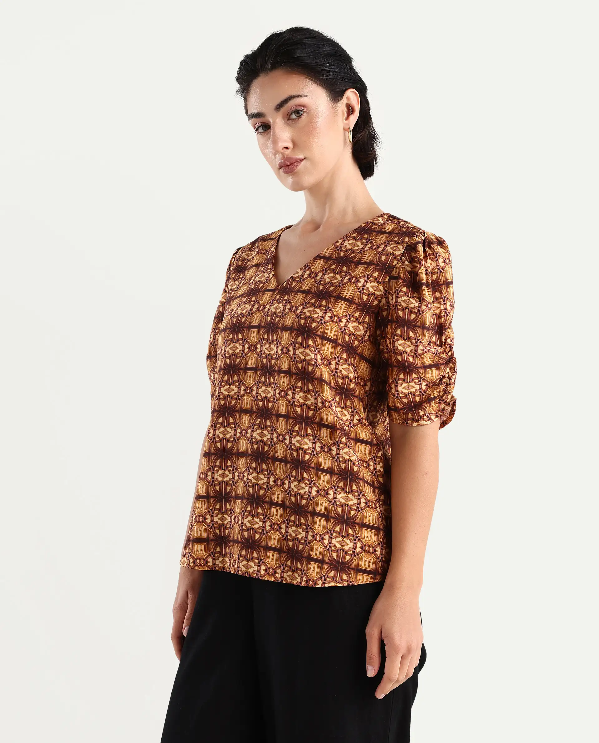 Rareism Women's Messo Light Brown Nylon Blend V-Neck Abstract Print Puff Sleeves Regular Fit Top - Image 5