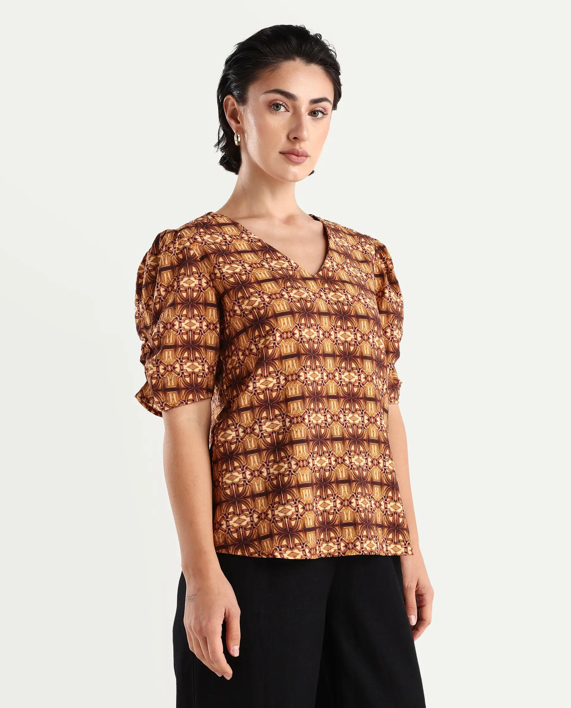 Rareism Women's Messo Light Brown Nylon Blend V-Neck Abstract Print Puff Sleeves Regular Fit Top - Image 6
