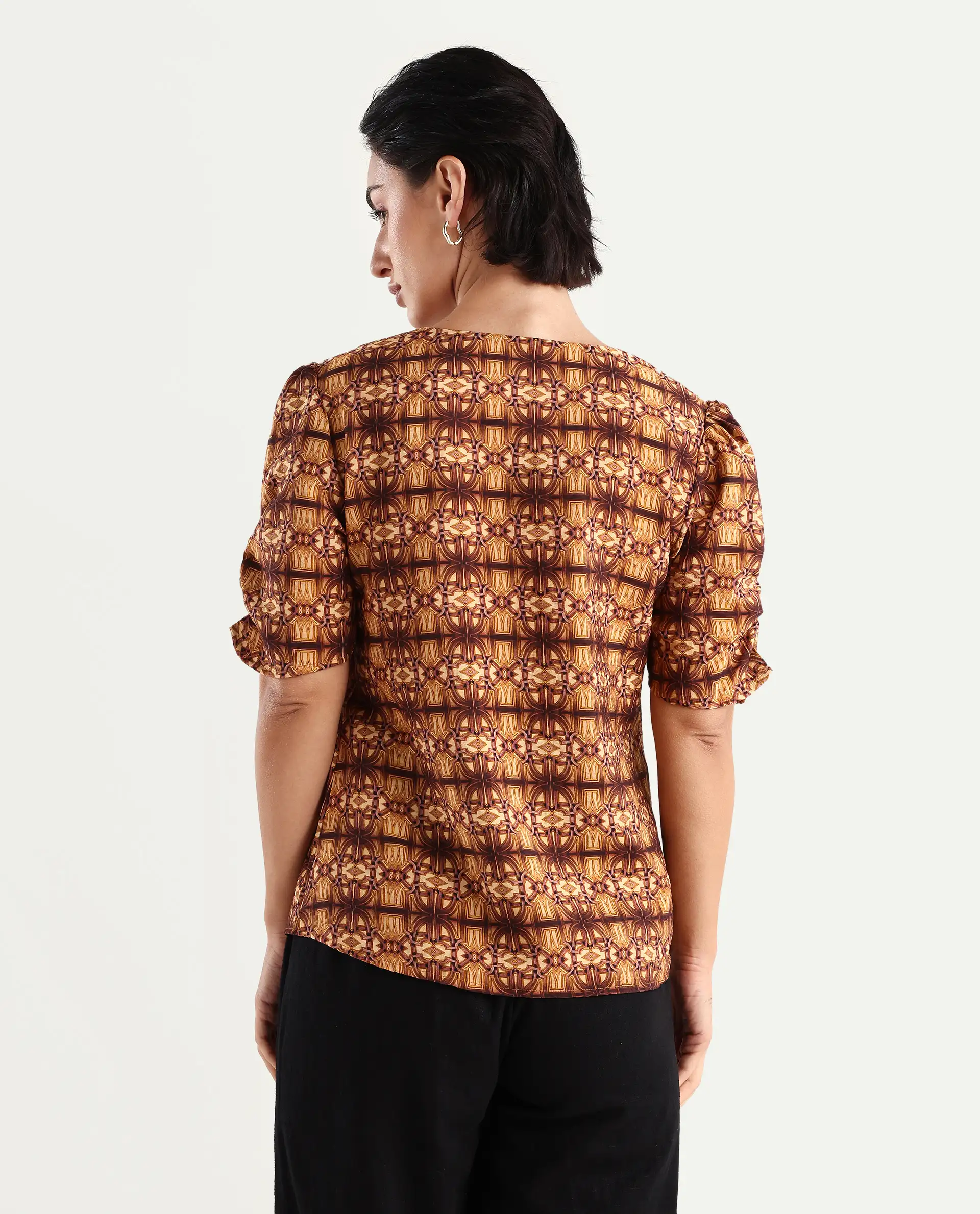 Rareism Women's Messo Light Brown Nylon Blend V-Neck Abstract Print Puff Sleeves Regular Fit Top - Image 7