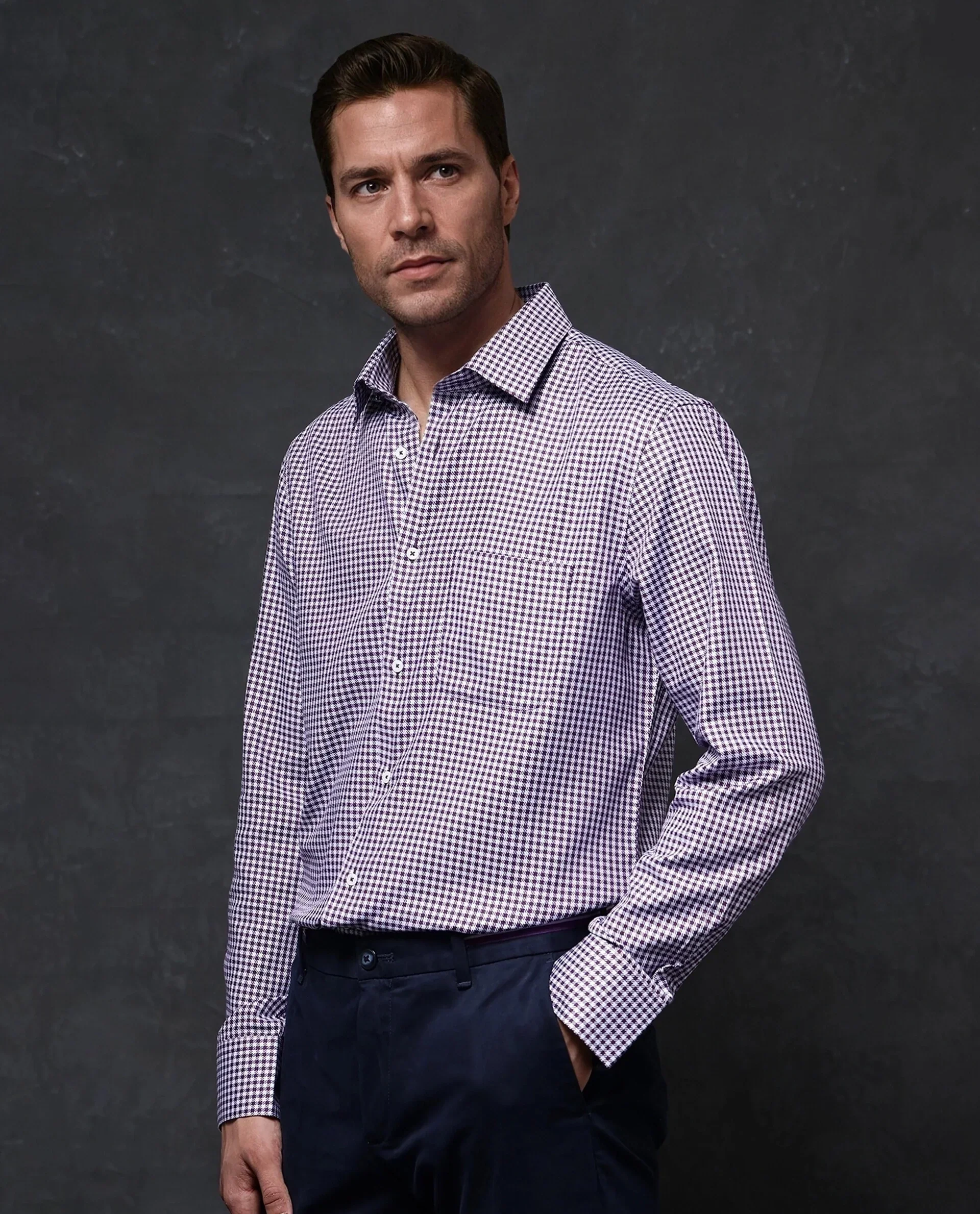 Rare Rabbit Men's Mester Dark Purple Cotton Blend Checked Print Regular Fit Full Sleeve Collared Shirt - Image 8