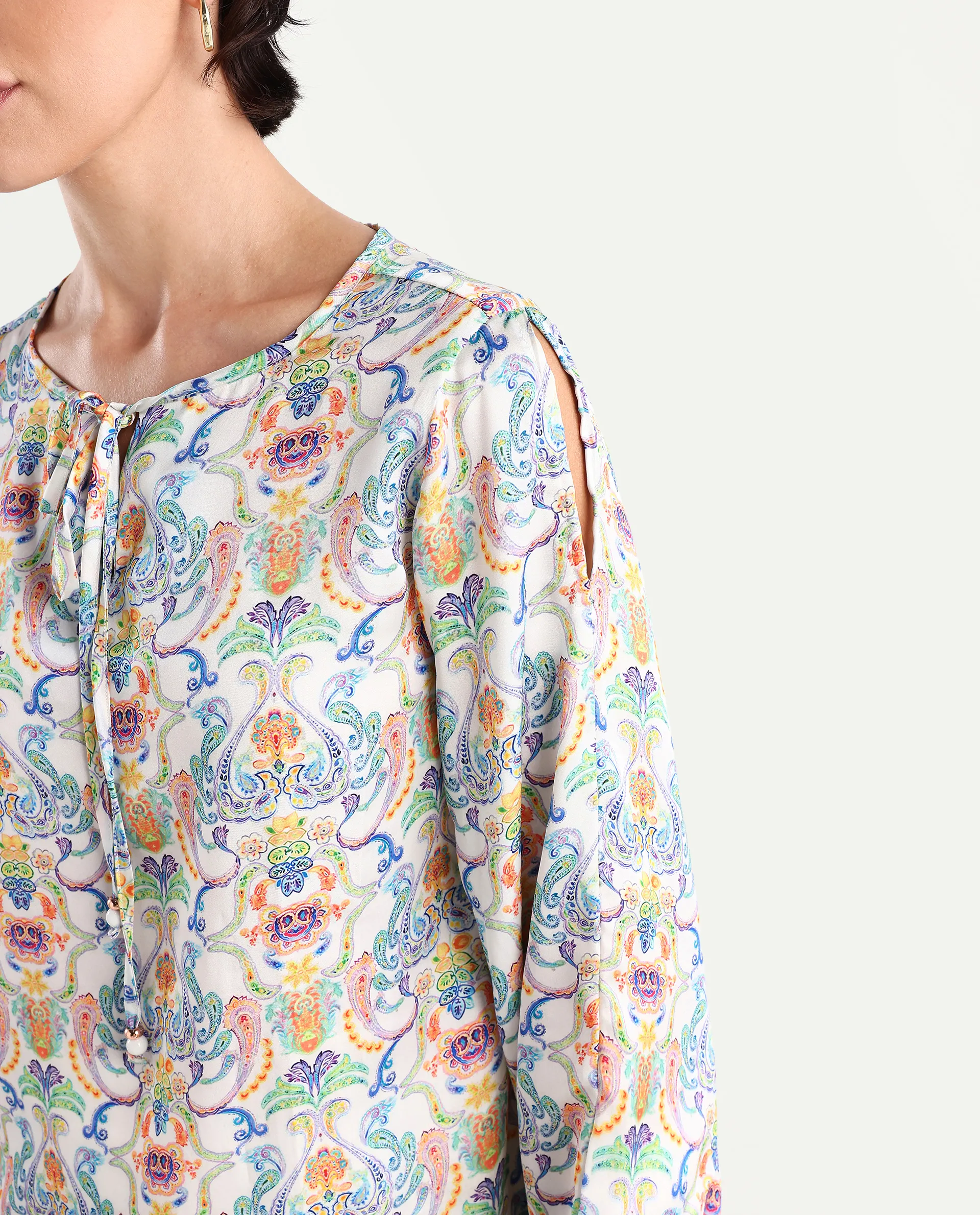 Rareism Women's Mester Multi Polyester Tie-Up Neck Paisley Print Bishop Sleeve Regular Fit Top - Image 3
