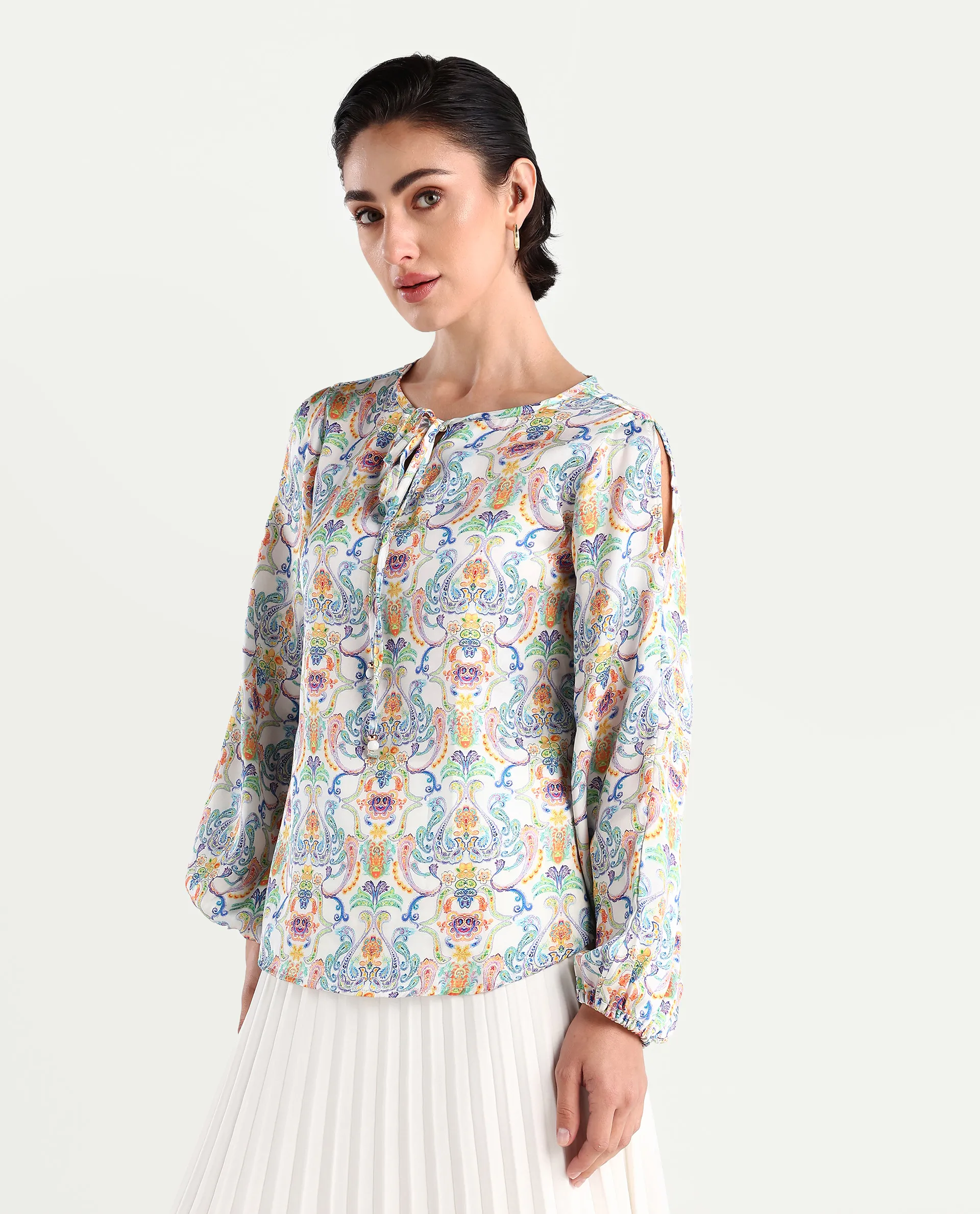 Rareism Women's Mester Multi Polyester Tie-Up Neck Paisley Print Bishop Sleeve Regular Fit Top - Image 4