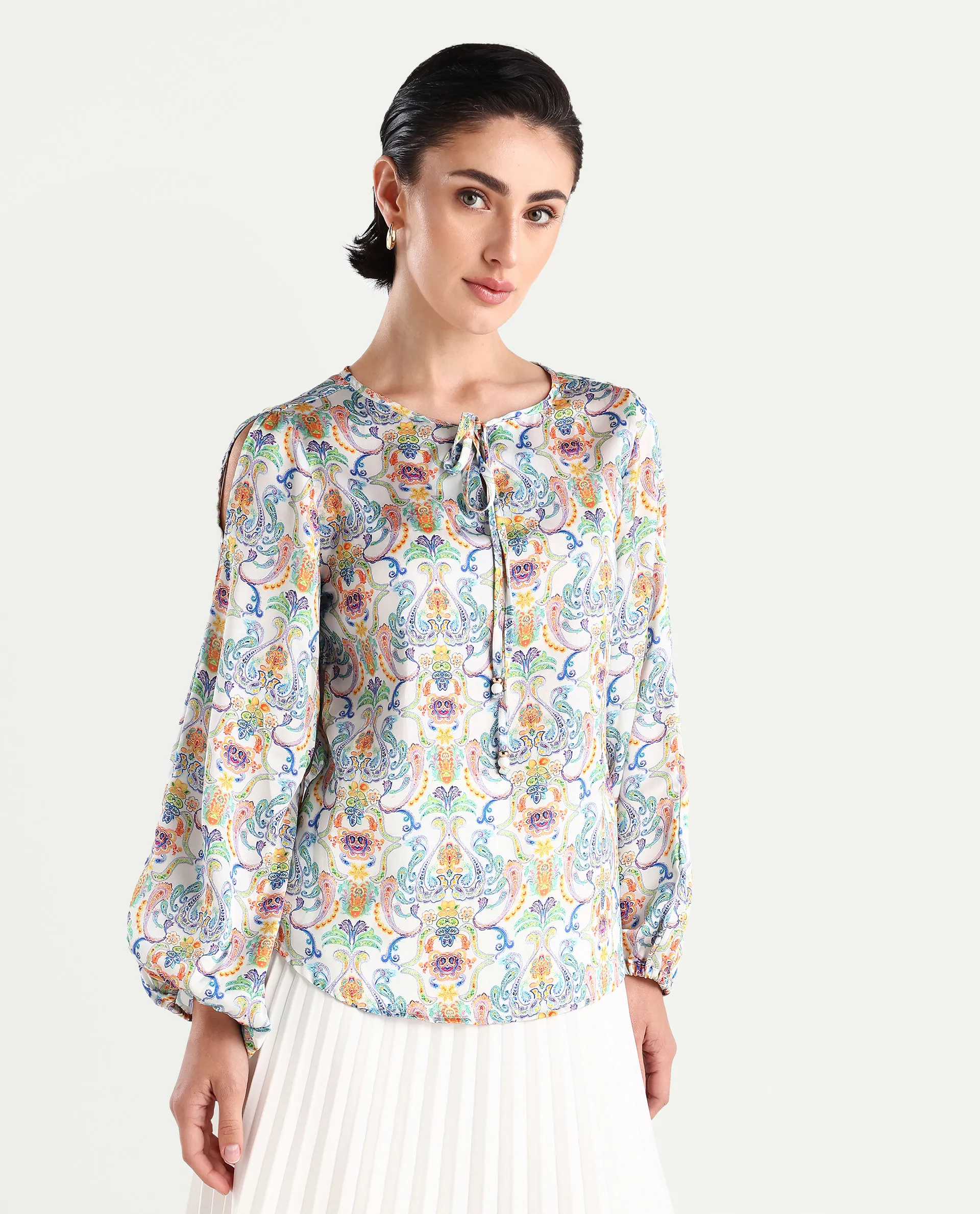 Rareism Women's Mester Multi Polyester Tie-Up Neck Paisley Print Bishop Sleeve Regular Fit Top - Image 5