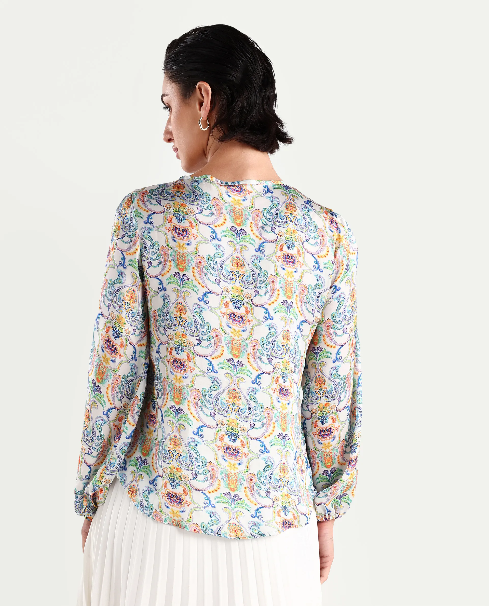 Rareism Women's Mester Multi Polyester Tie-Up Neck Paisley Print Bishop Sleeve Regular Fit Top - Image 6