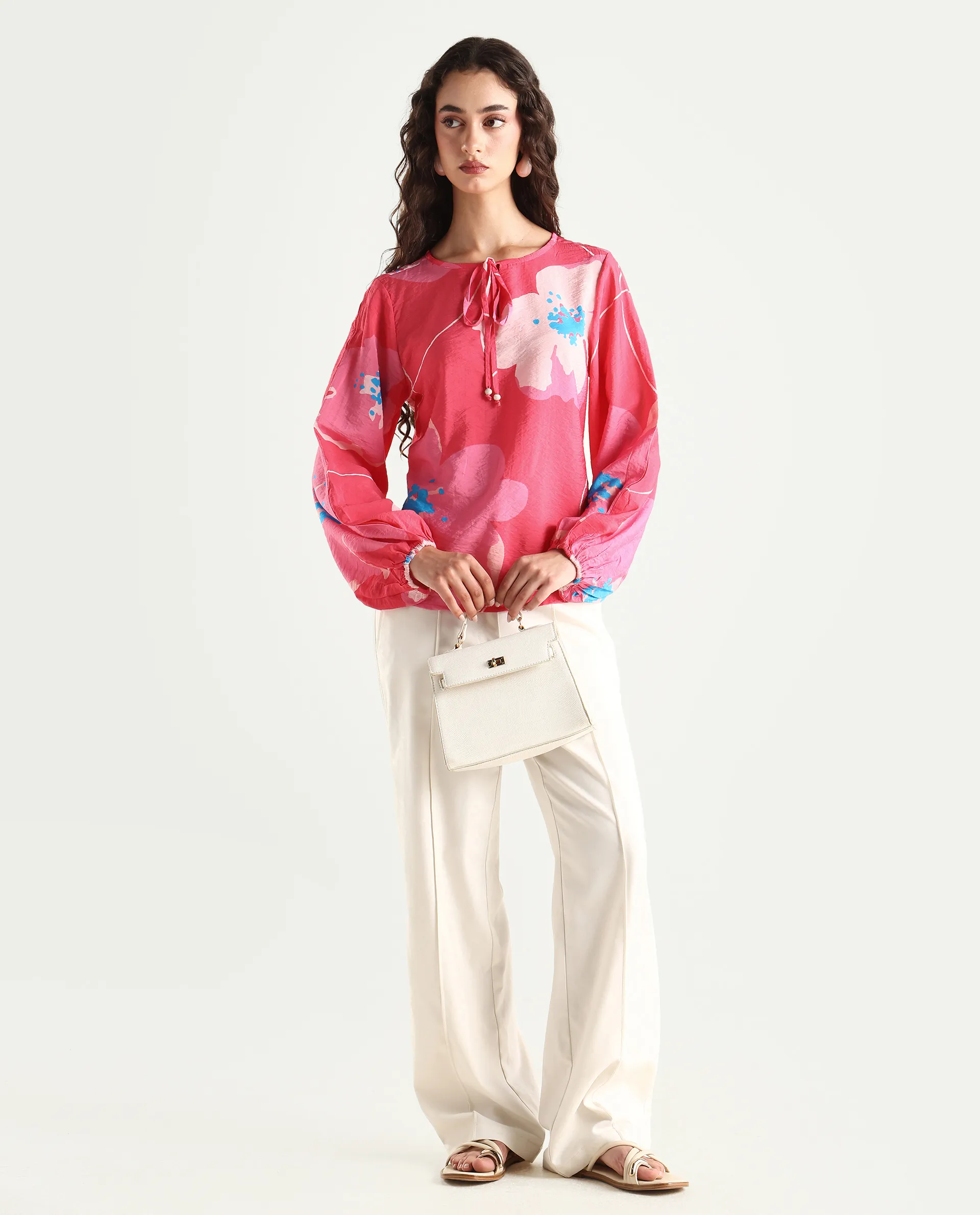 Rareism Women's Mestero Pink Nylon Blend Tie-Up Neck Floral Print Bishop Sleeve Regular Fit Top - Image 2