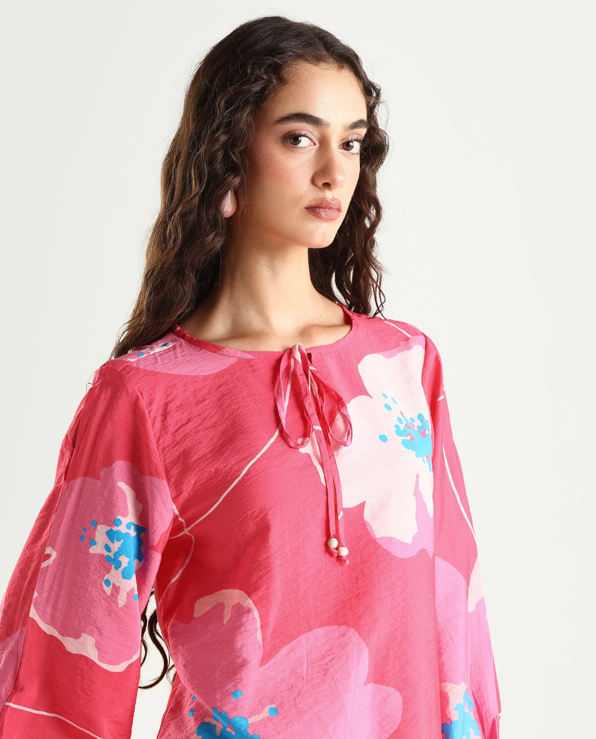 Rareism Women's Mestero Pink Nylon Blend Tie-Up Neck Floral Print Bishop Sleeve Regular Fit Top - Image 3