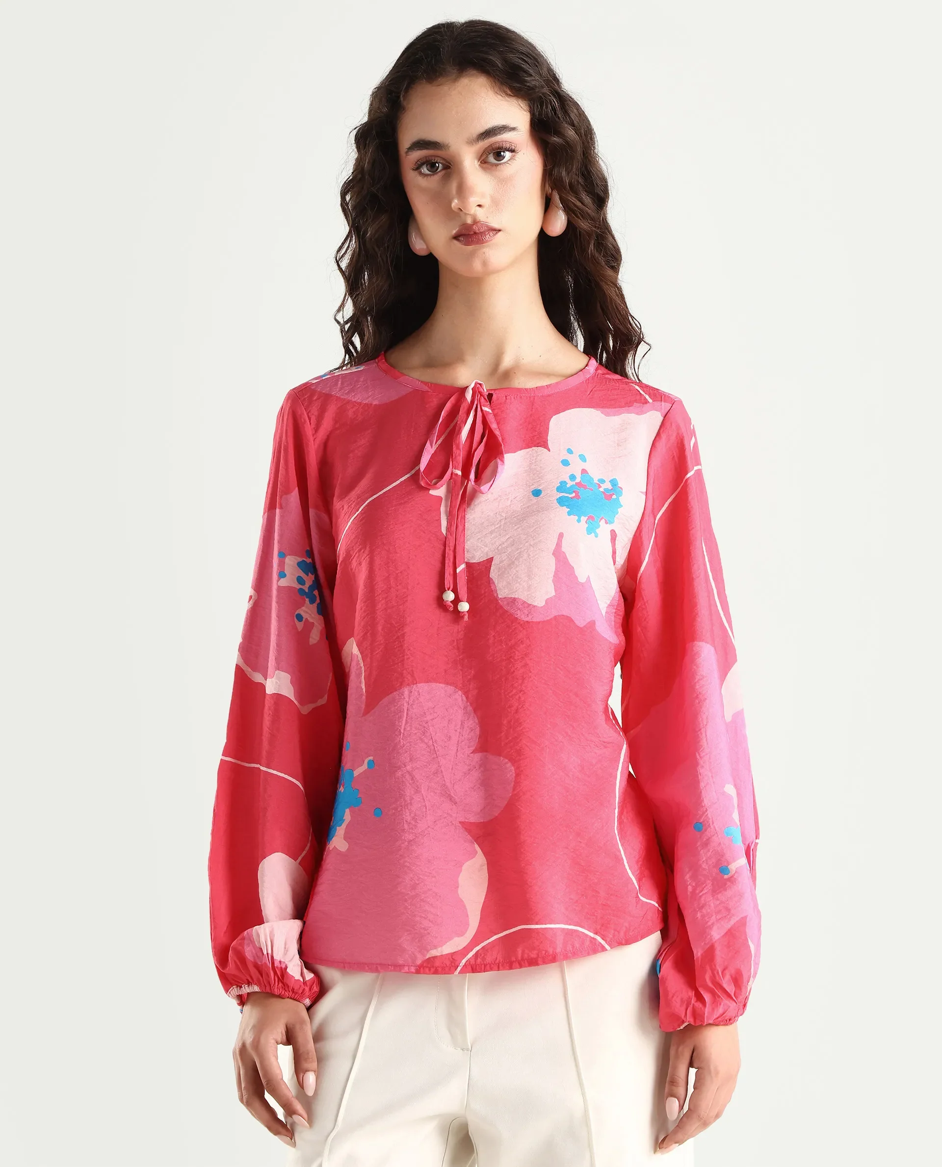 Rareism Women's Mestero Pink Nylon Blend Tie-Up Neck Floral Print Bishop Sleeve Regular Fit Top - Image 4