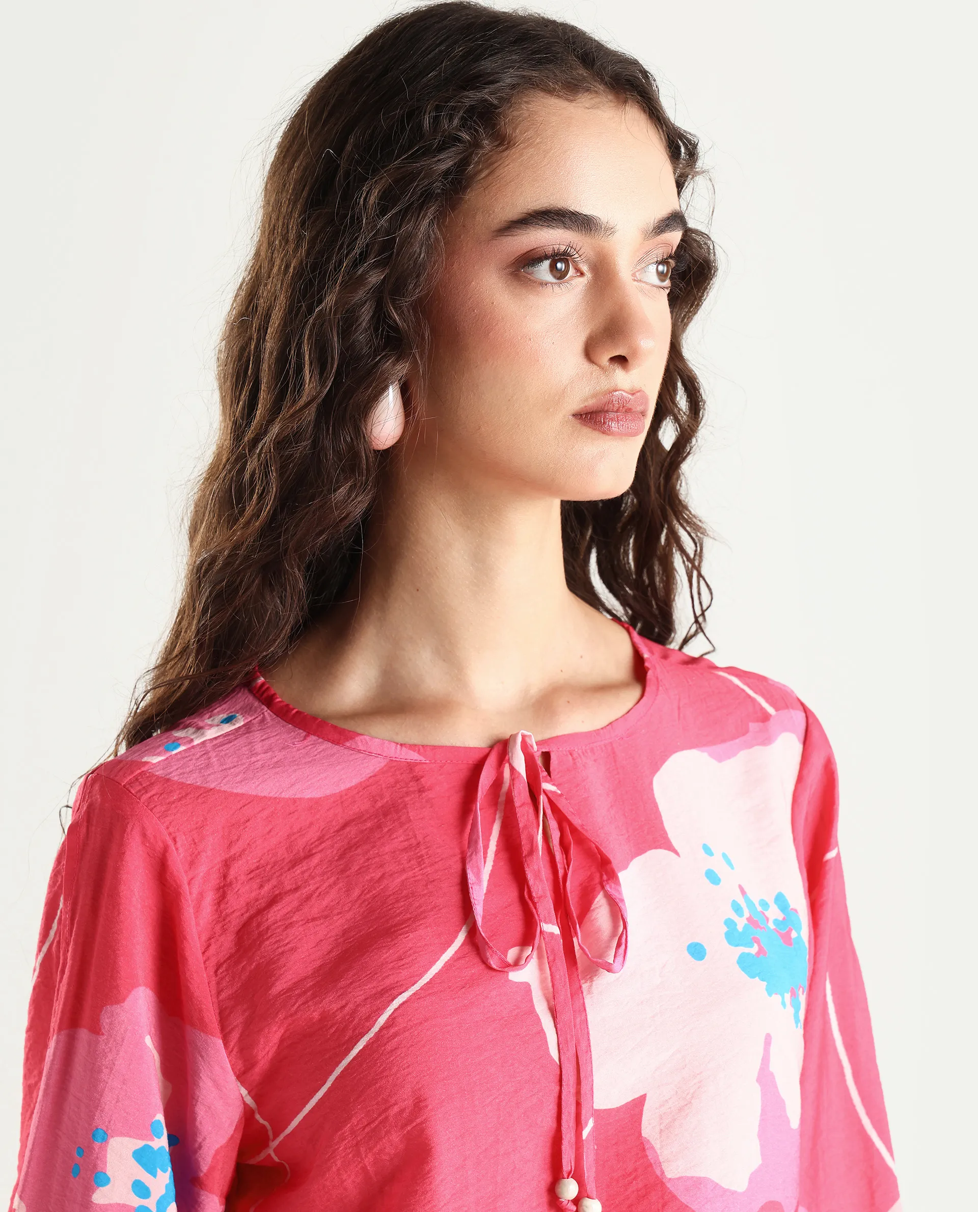 Rareism Women's Mestero Pink Nylon Blend Tie-Up Neck Floral Print Bishop Sleeve Regular Fit Top - Image 5