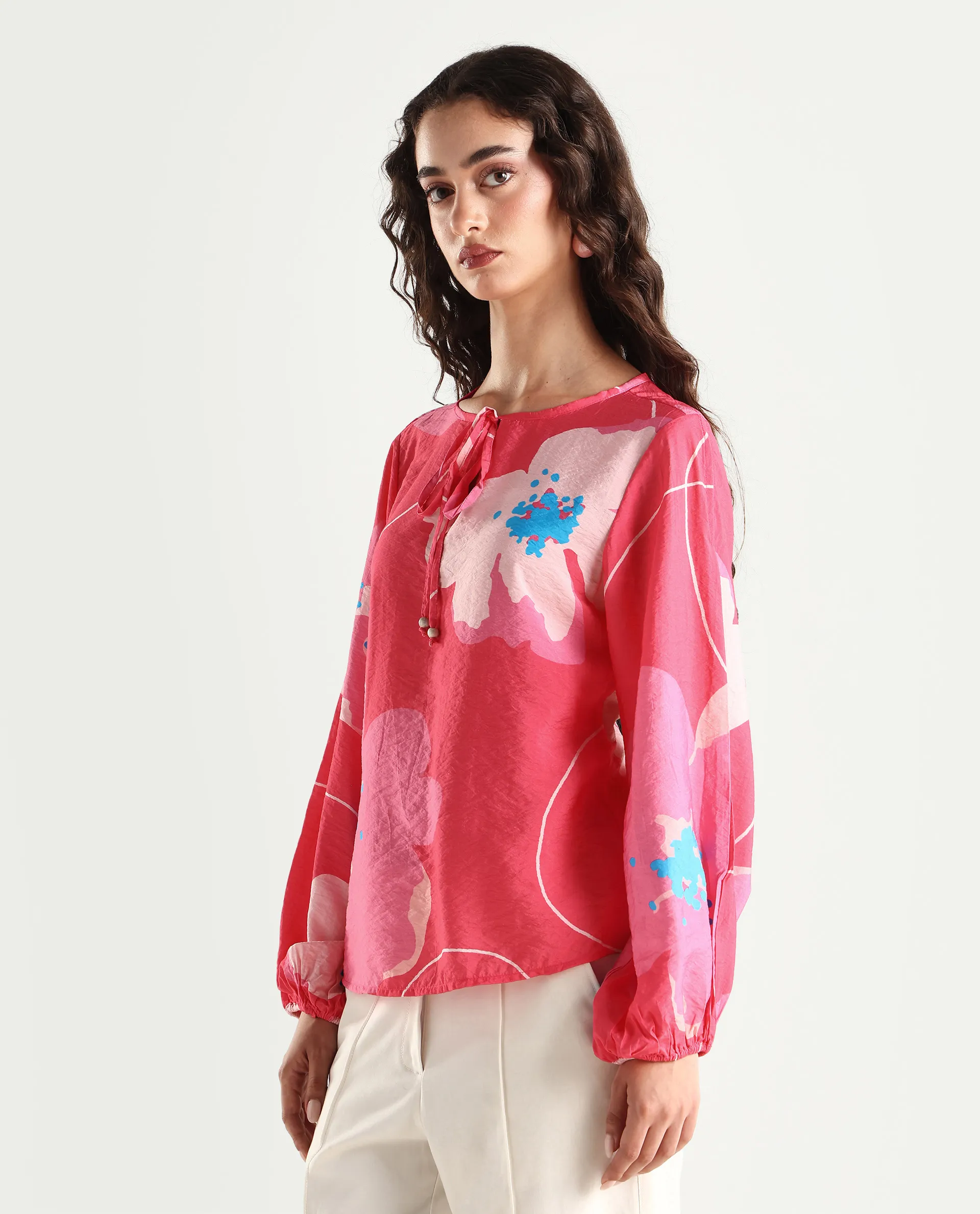Rareism Women's Mestero Pink Nylon Blend Tie-Up Neck Floral Print Bishop Sleeve Regular Fit Top - Image 6