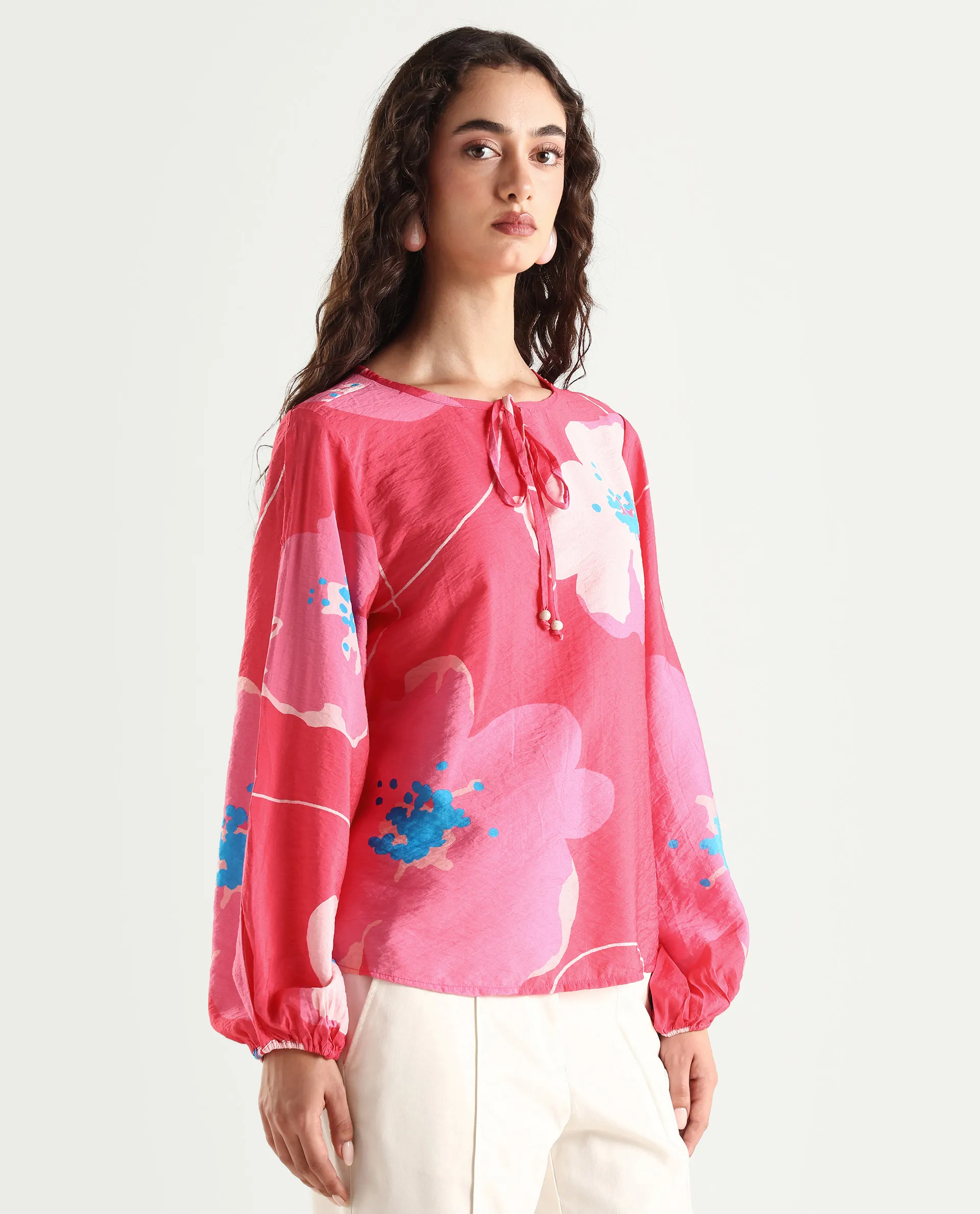 Rareism Women's Mestero Pink Nylon Blend Tie-Up Neck Floral Print Bishop Sleeve Regular Fit Top - Image 7
