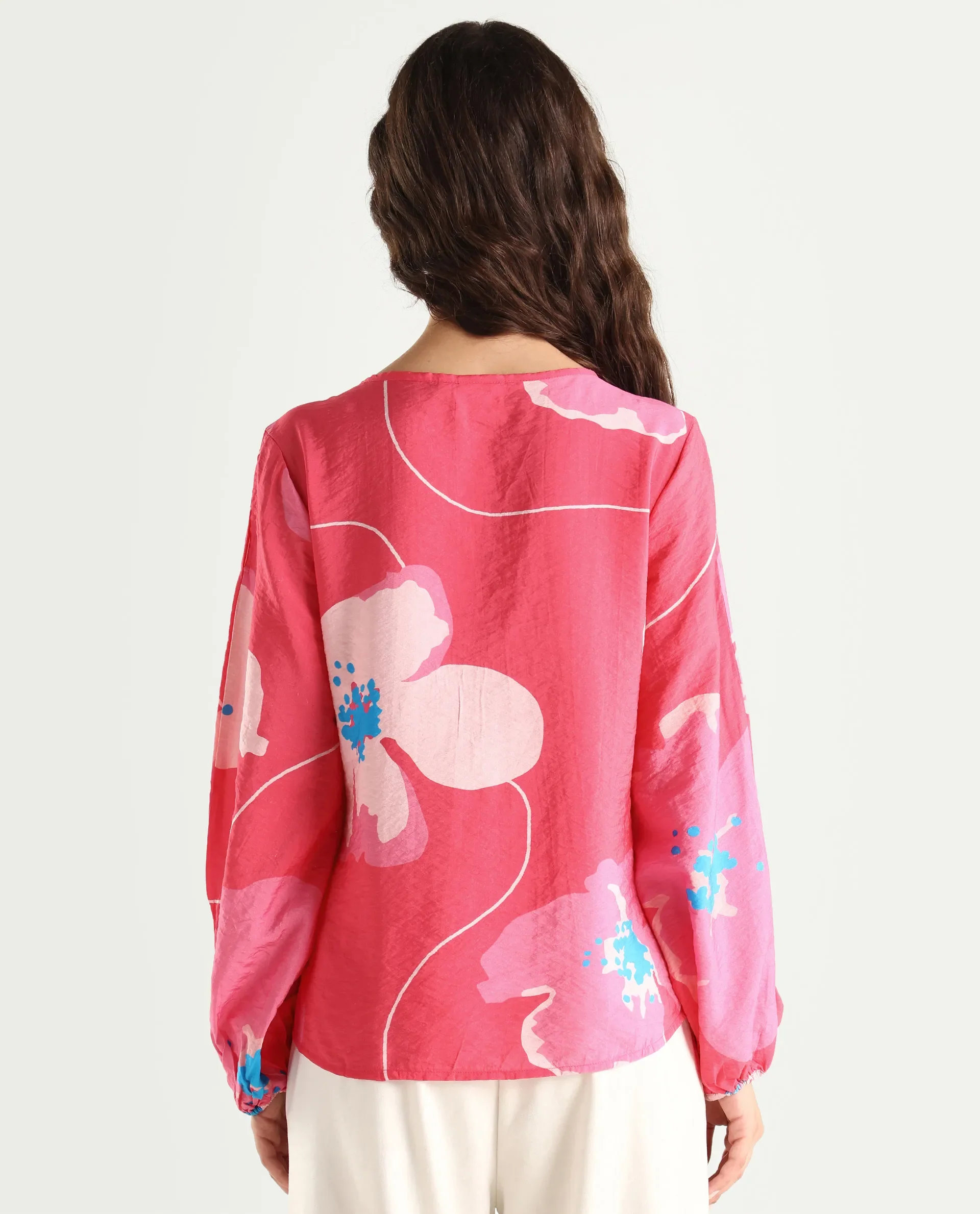 Rareism Women's Mestero Pink Nylon Blend Tie-Up Neck Floral Print Bishop Sleeve Regular Fit Top - Image 8