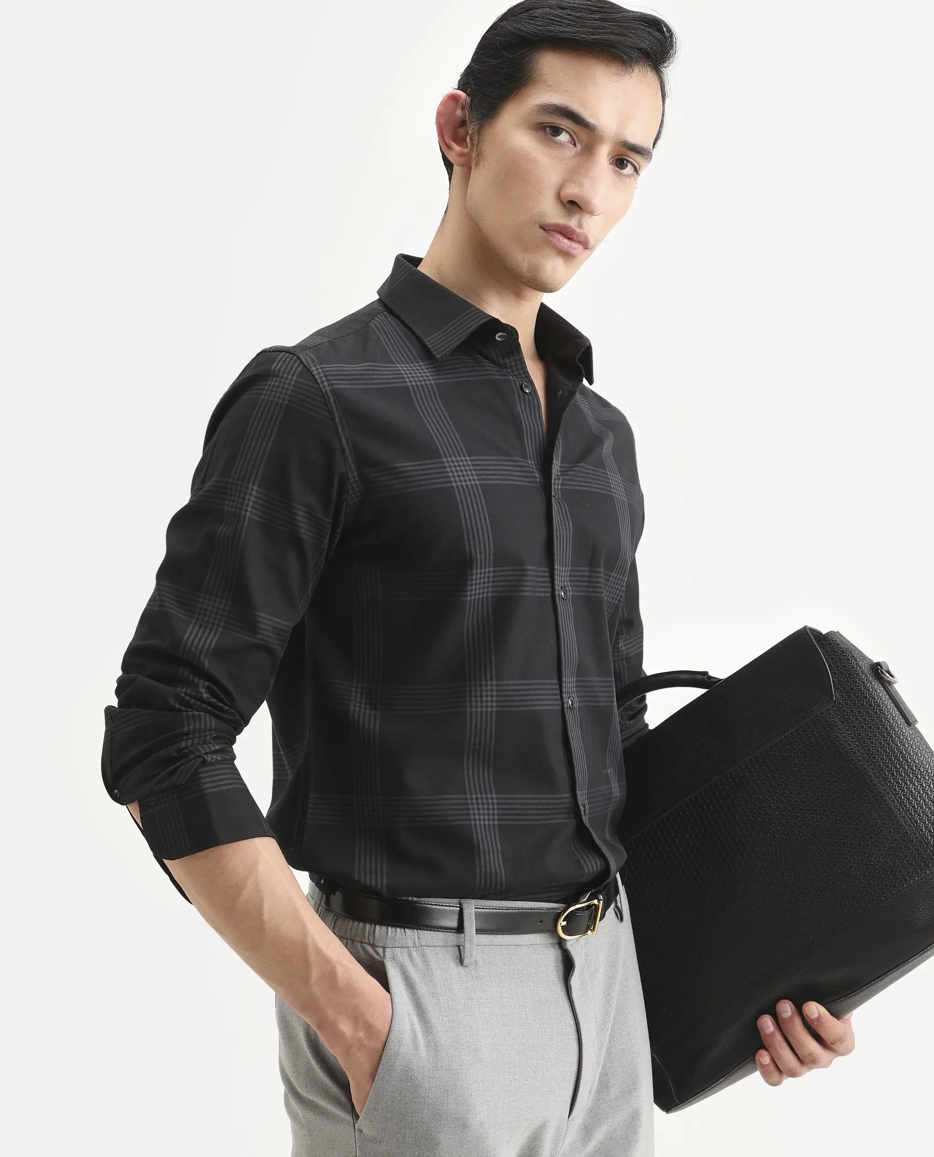 Rare Rabbit Men's Mestor -26 Black Cotton Fabric Full Sleeve Spread Collar Regular Fit Checked Shirt