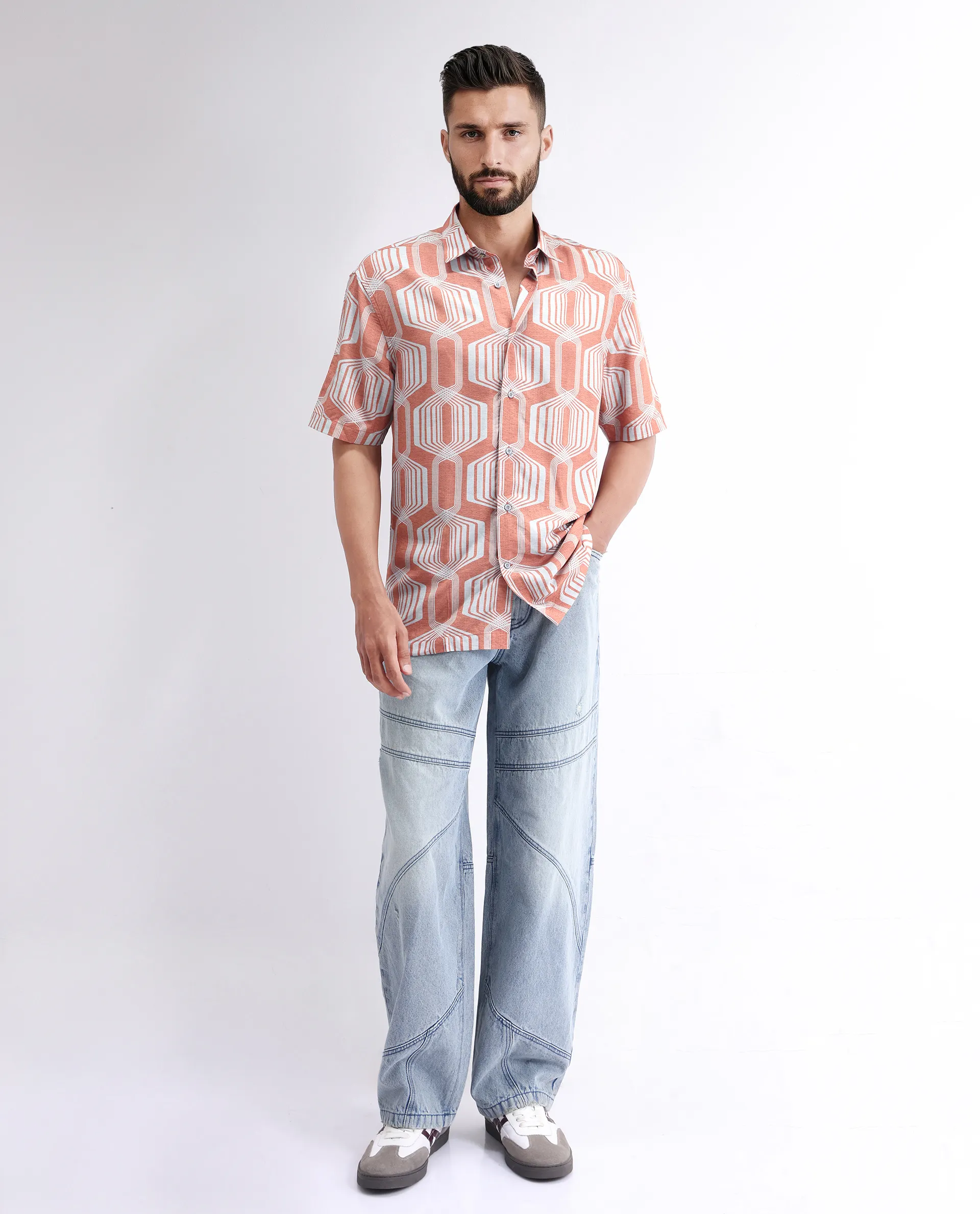 Rare Rabbit Men's Met Brown Viscose Geometric Print Regular Fit Half Sleeve Collared Shirt - Image 2