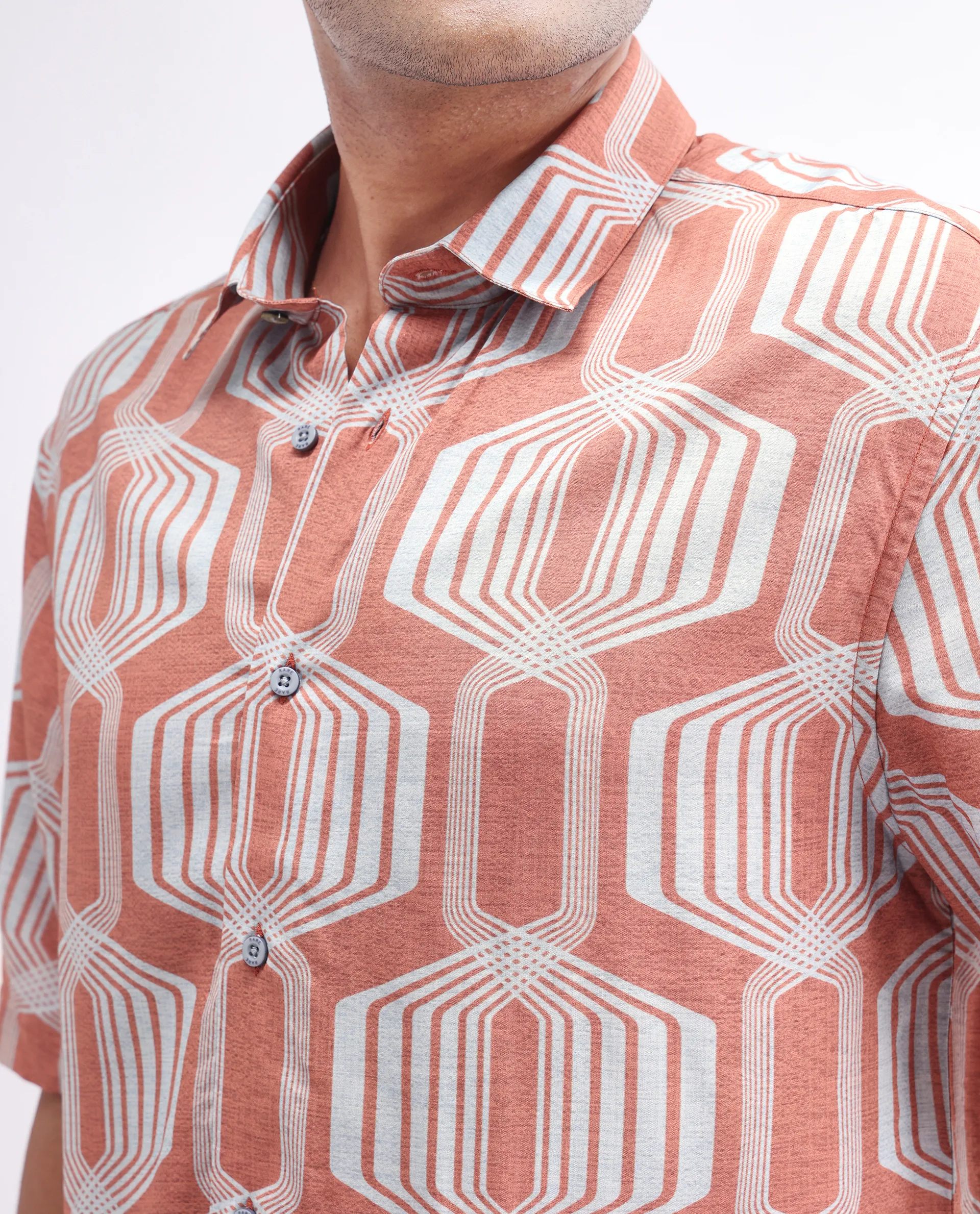 Rare Rabbit Men's Met Brown Viscose Geometric Print Regular Fit Half Sleeve Collared Shirt - Image 3