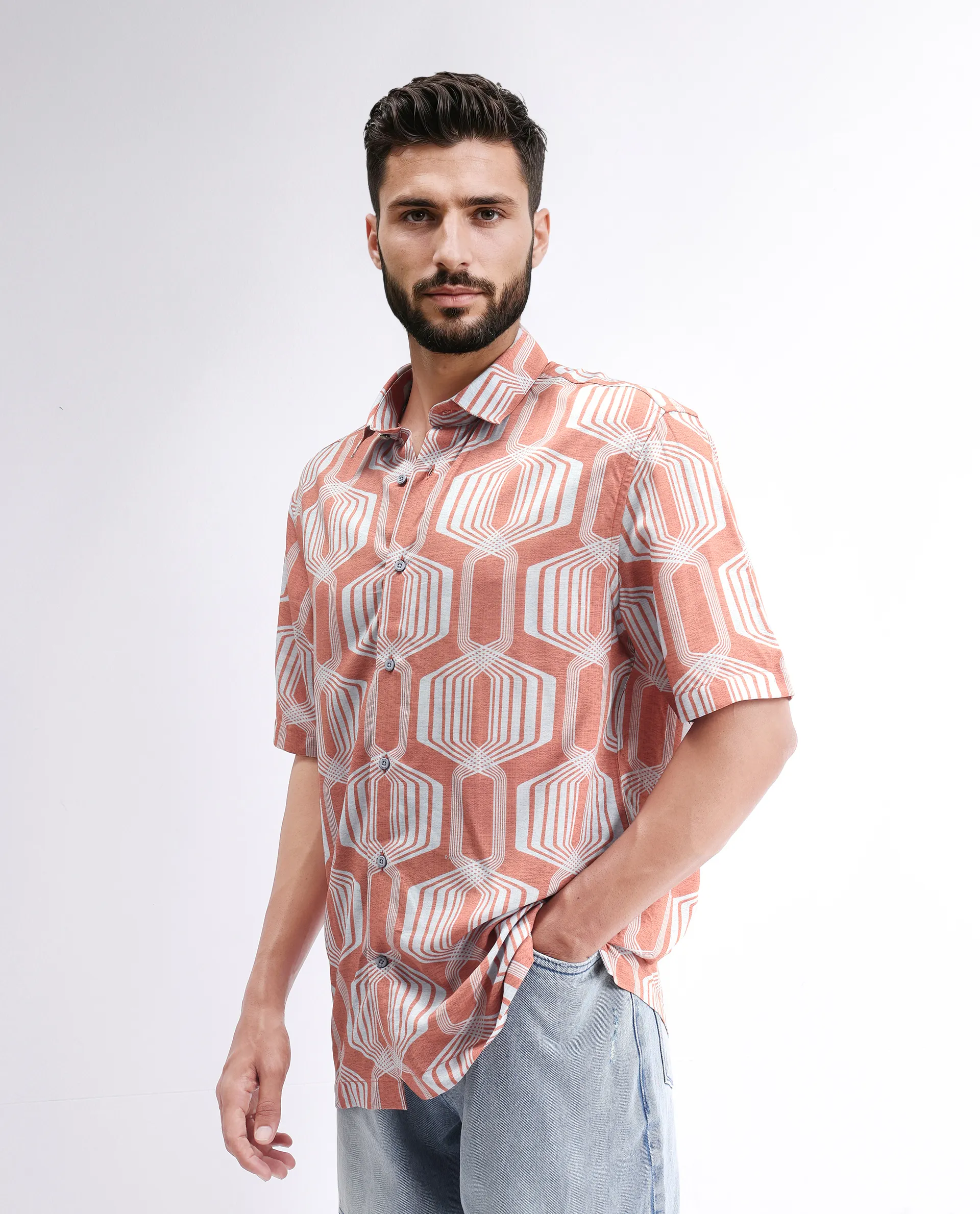 Rare Rabbit Men's Met Brown Viscose Geometric Print Regular Fit Half Sleeve Collared Shirt - Image 4