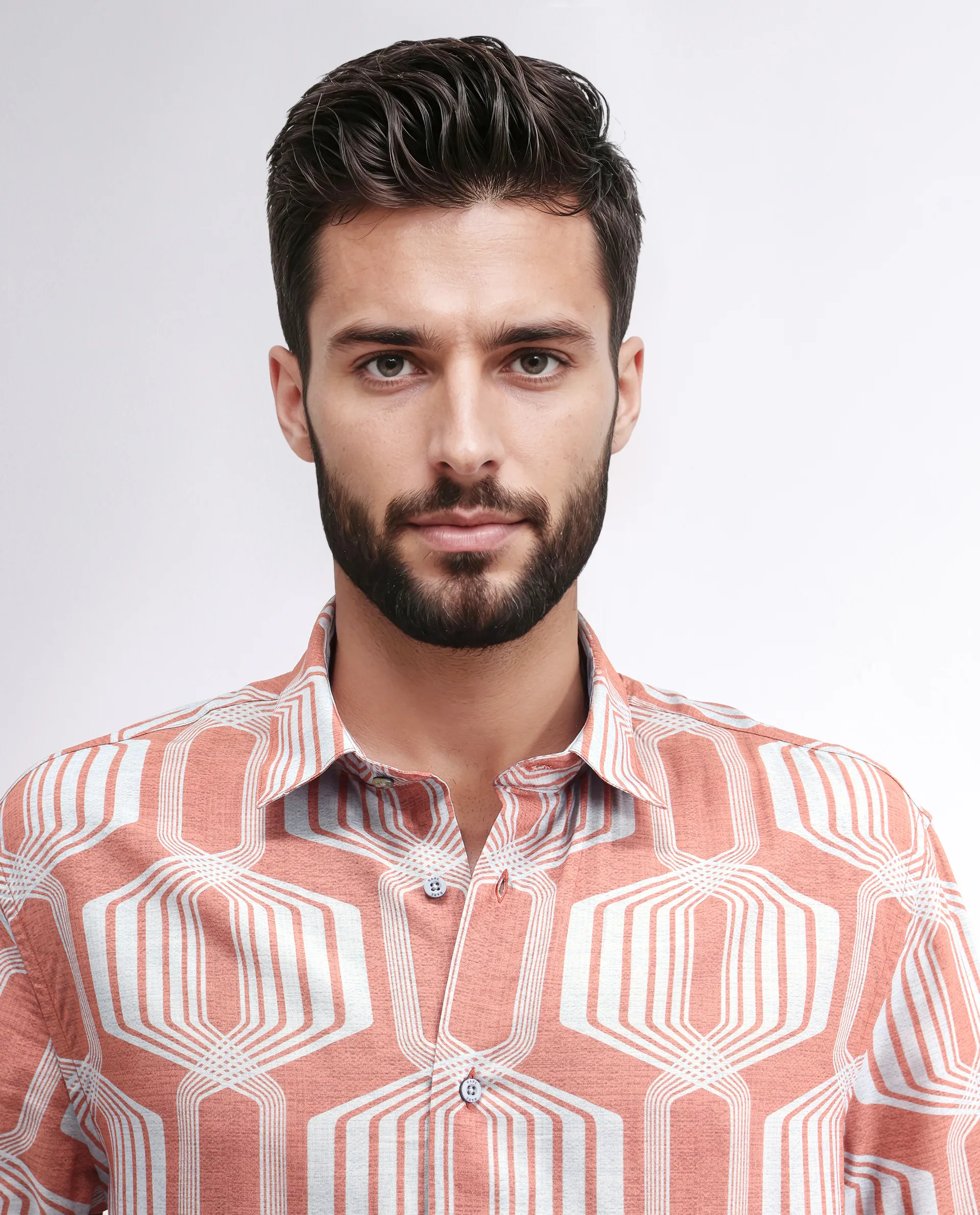 Rare Rabbit Men's Met Brown Viscose Geometric Print Regular Fit Half Sleeve Collared Shirt - Image 5