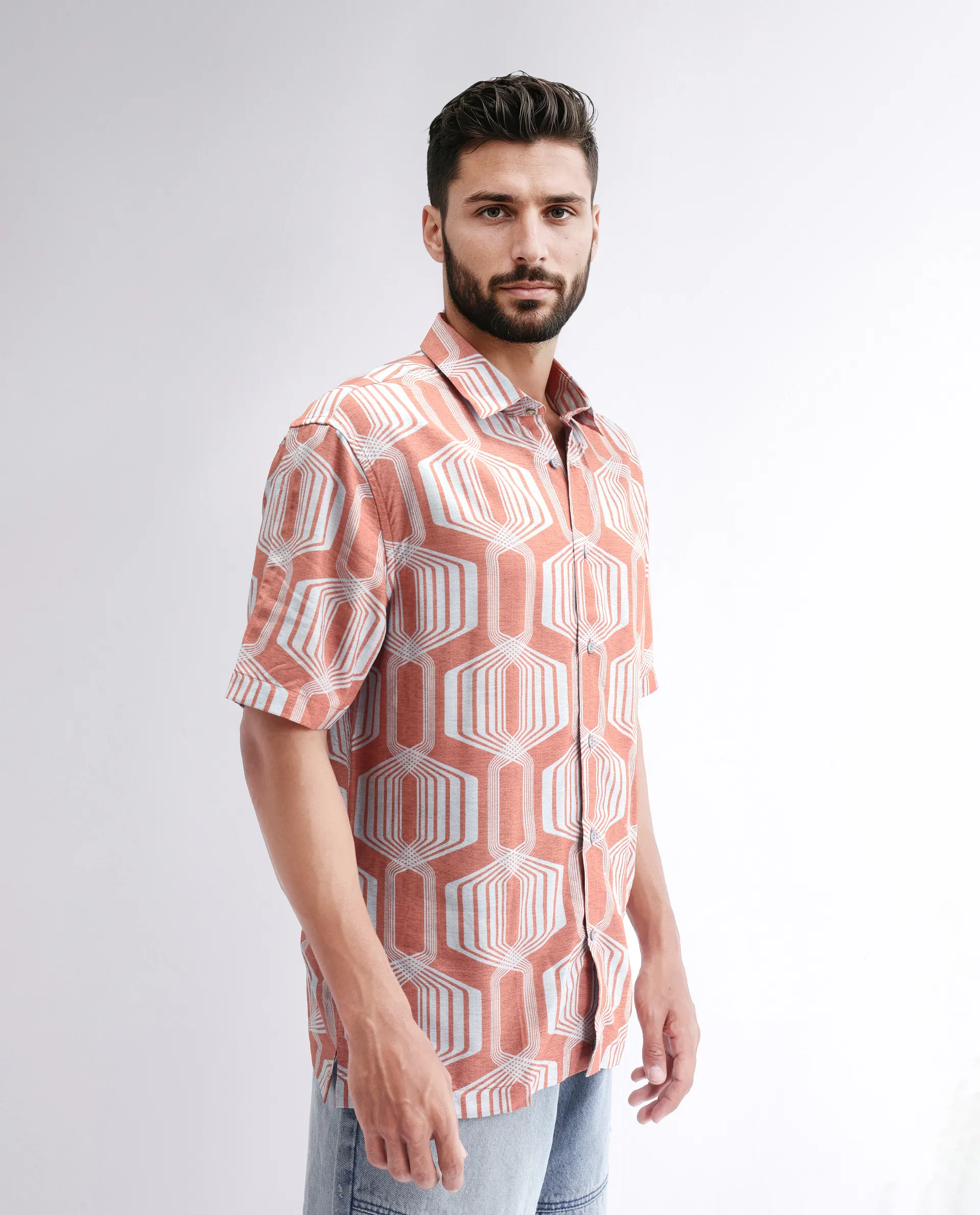 Rare Rabbit Men's Met Brown Viscose Geometric Print Regular Fit Half Sleeve Collared Shirt - Image 6