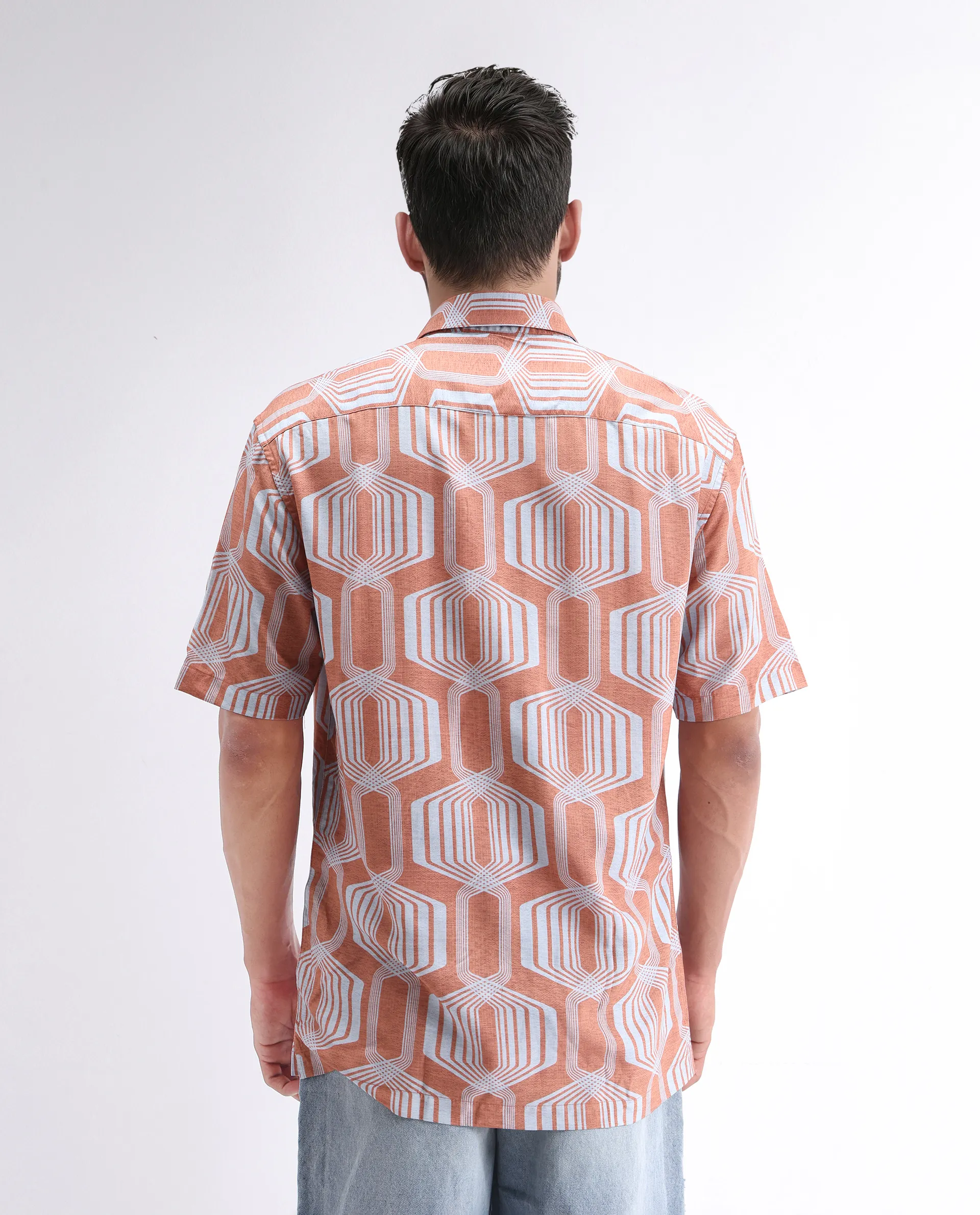 Rare Rabbit Men's Met Brown Viscose Geometric Print Regular Fit Half Sleeve Collared Shirt - Image 7
