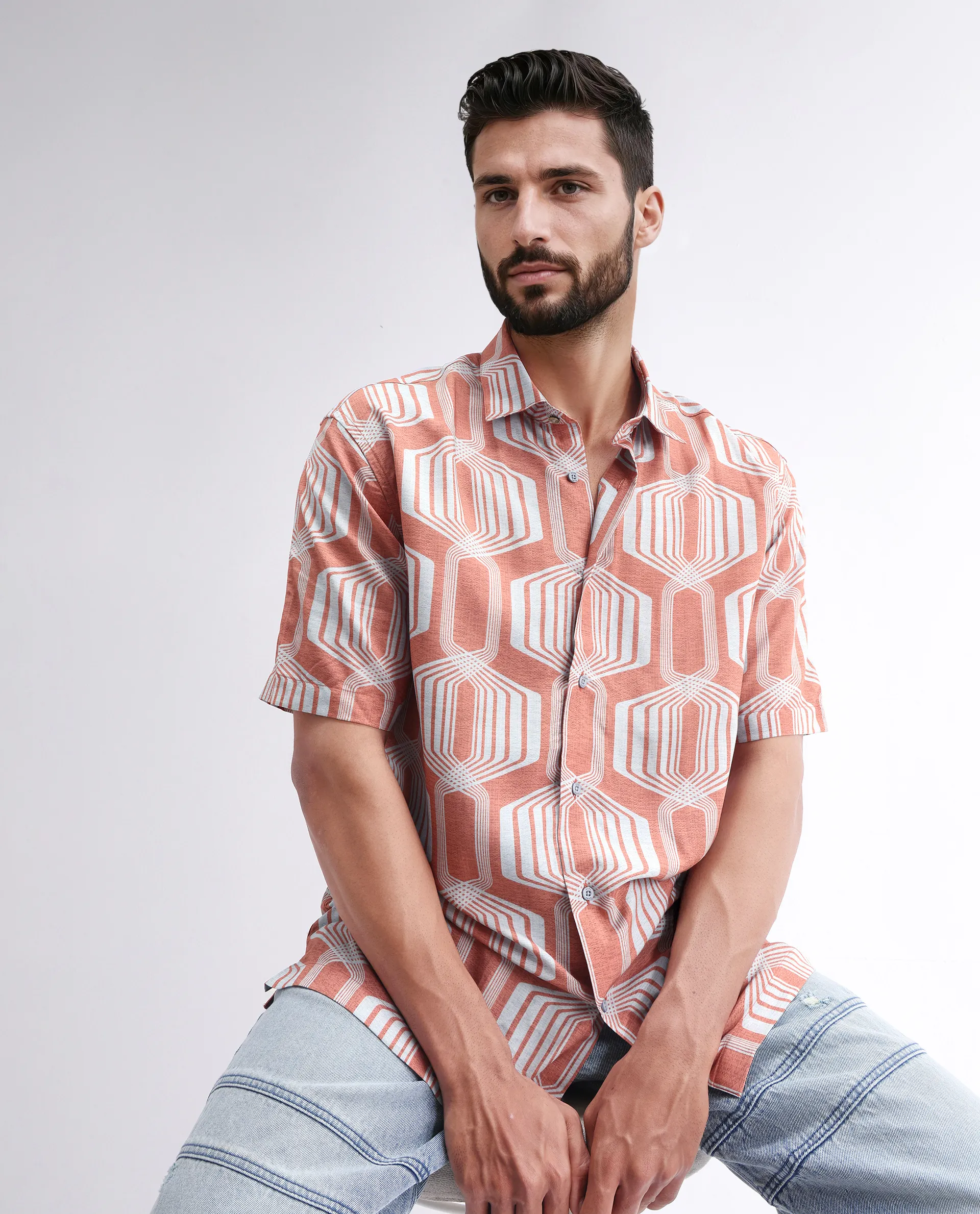 Rare Rabbit Men's Met Brown Viscose Geometric Print Regular Fit Half Sleeve Collared Shirt - Image 8
