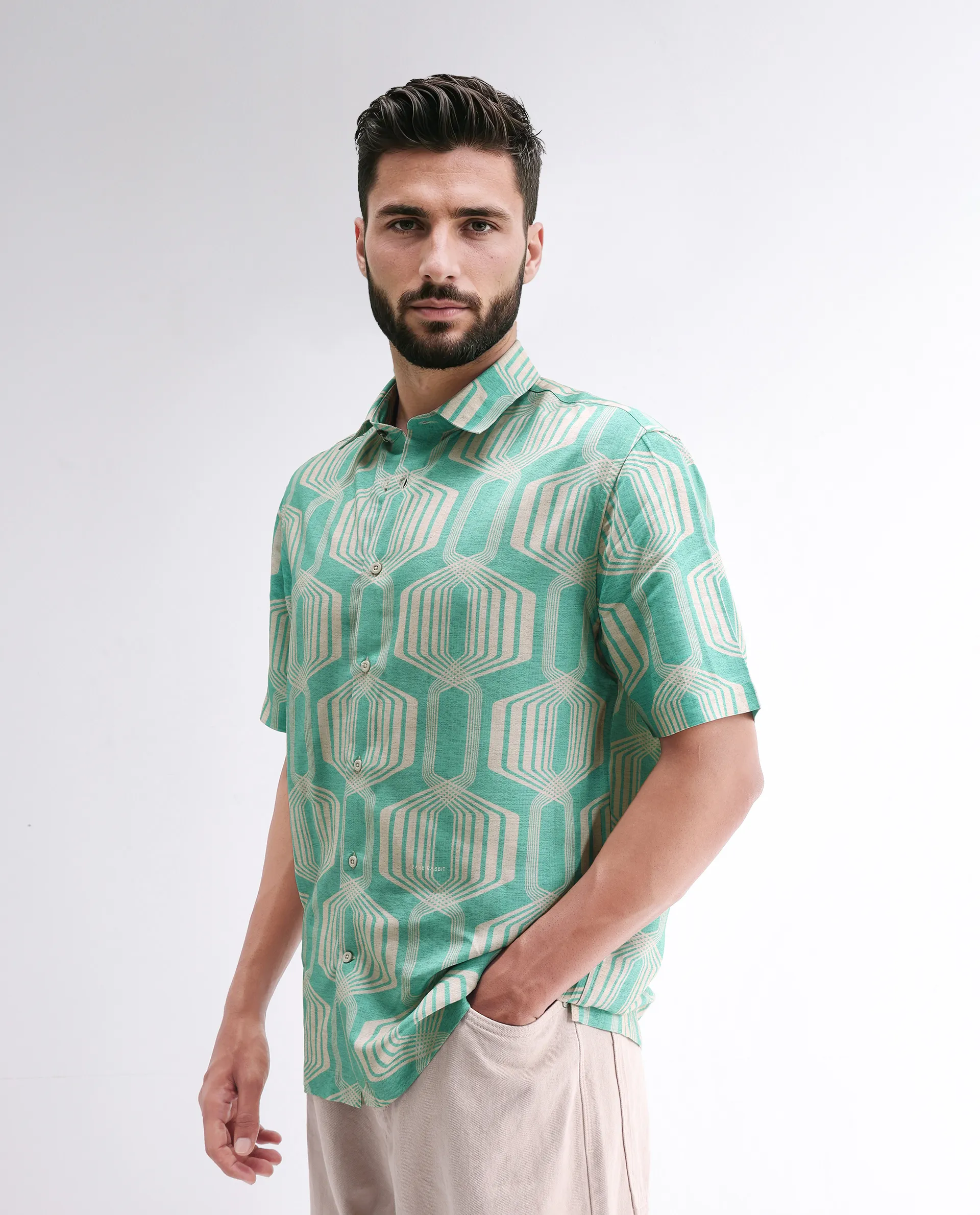 Rare Rabbit Men's Met Turq Viscose Geometric Print Regular Fit Half Sleeve Collared Shirt - Image 2