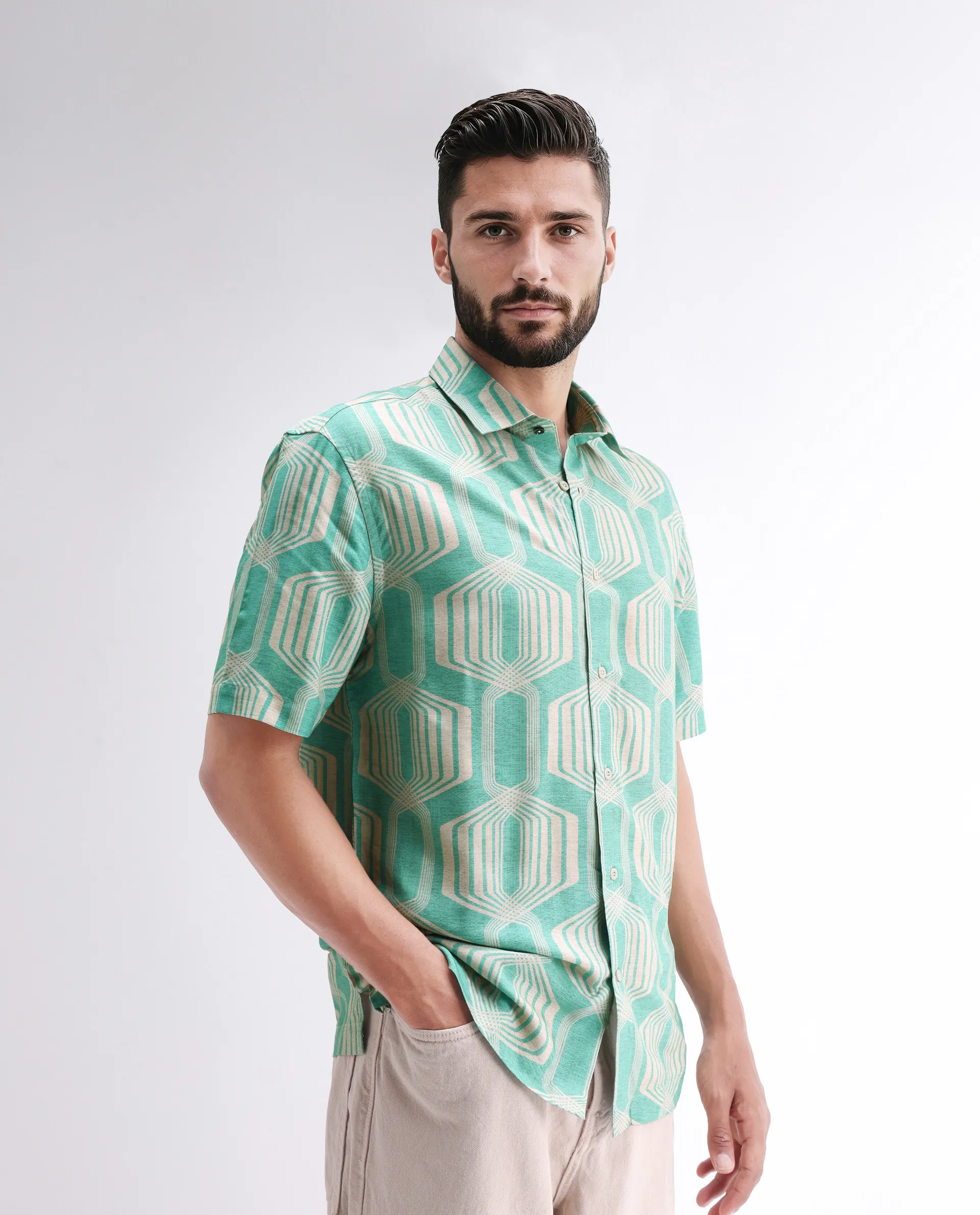 Rare Rabbit Men's Met Turq Viscose Geometric Print Regular Fit Half Sleeve Collared Shirt - Image 3