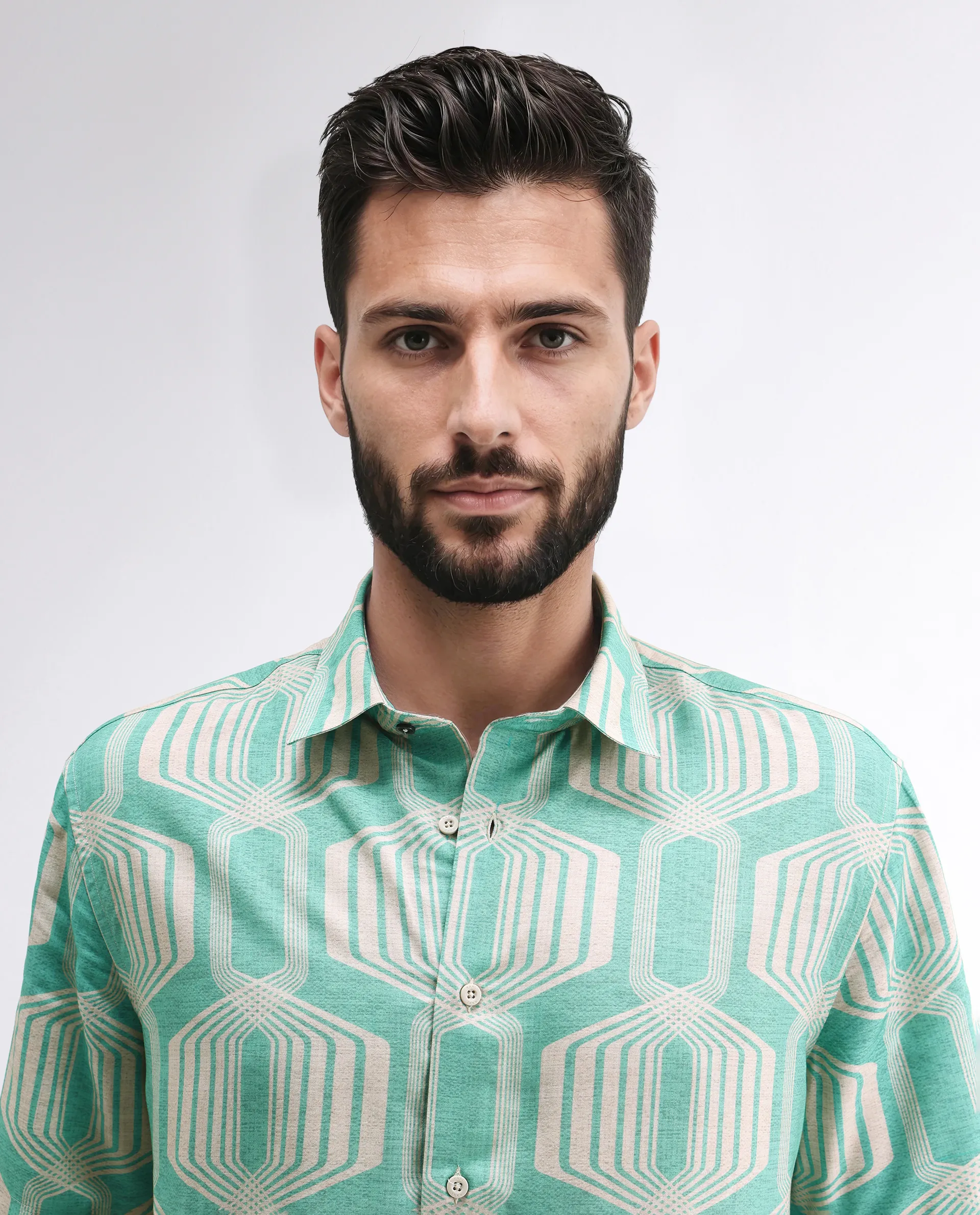 Rare Rabbit Men's Met Turq Viscose Geometric Print Regular Fit Half Sleeve Collared Shirt - Image 4