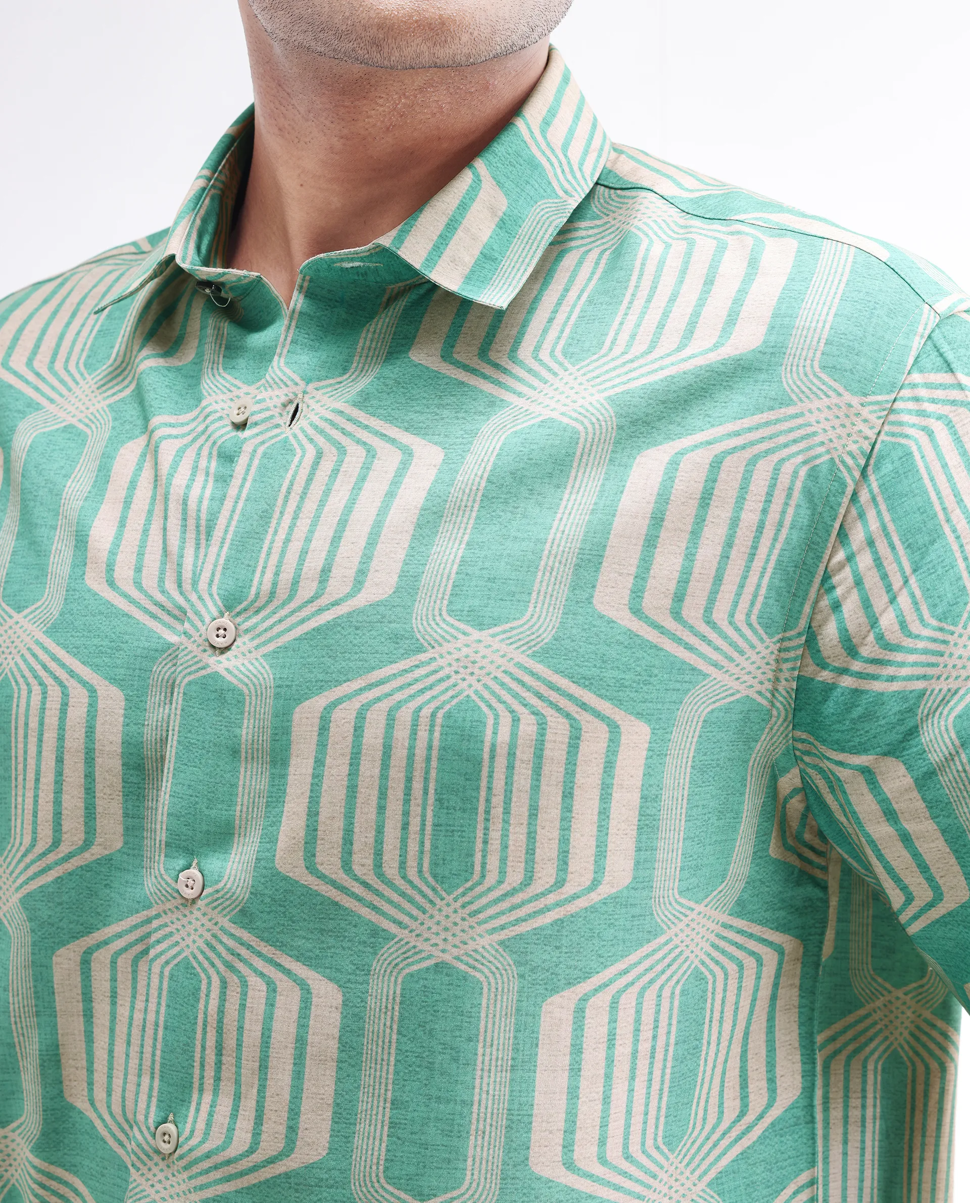 Rare Rabbit Men's Met Turq Viscose Geometric Print Regular Fit Half Sleeve Collared Shirt - Image 5