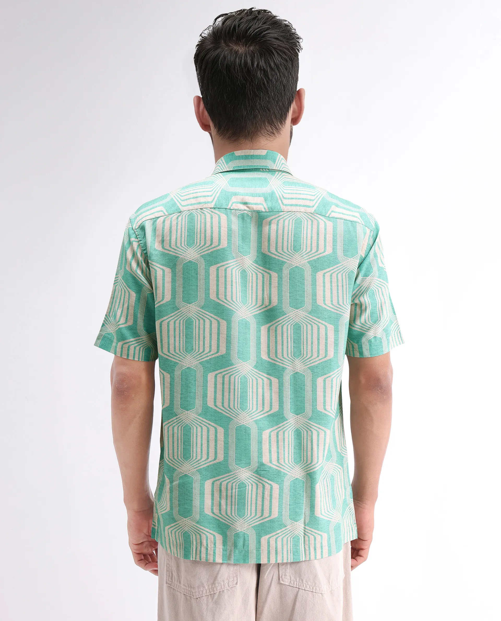 Rare Rabbit Men's Met Turq Viscose Geometric Print Regular Fit Half Sleeve Collared Shirt - Image 6