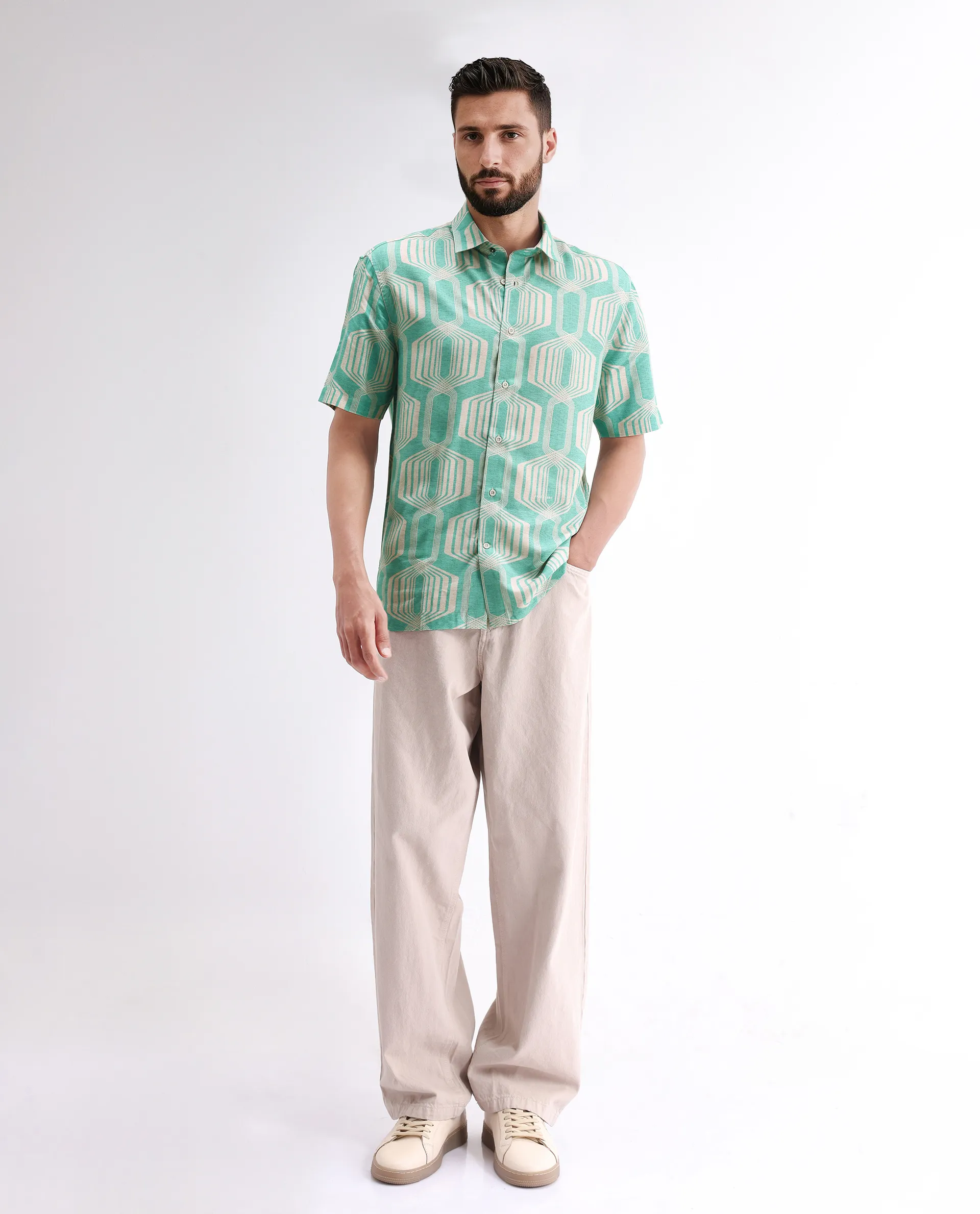 Rare Rabbit Men's Met Turq Viscose Geometric Print Regular Fit Half Sleeve Collared Shirt - Image 7