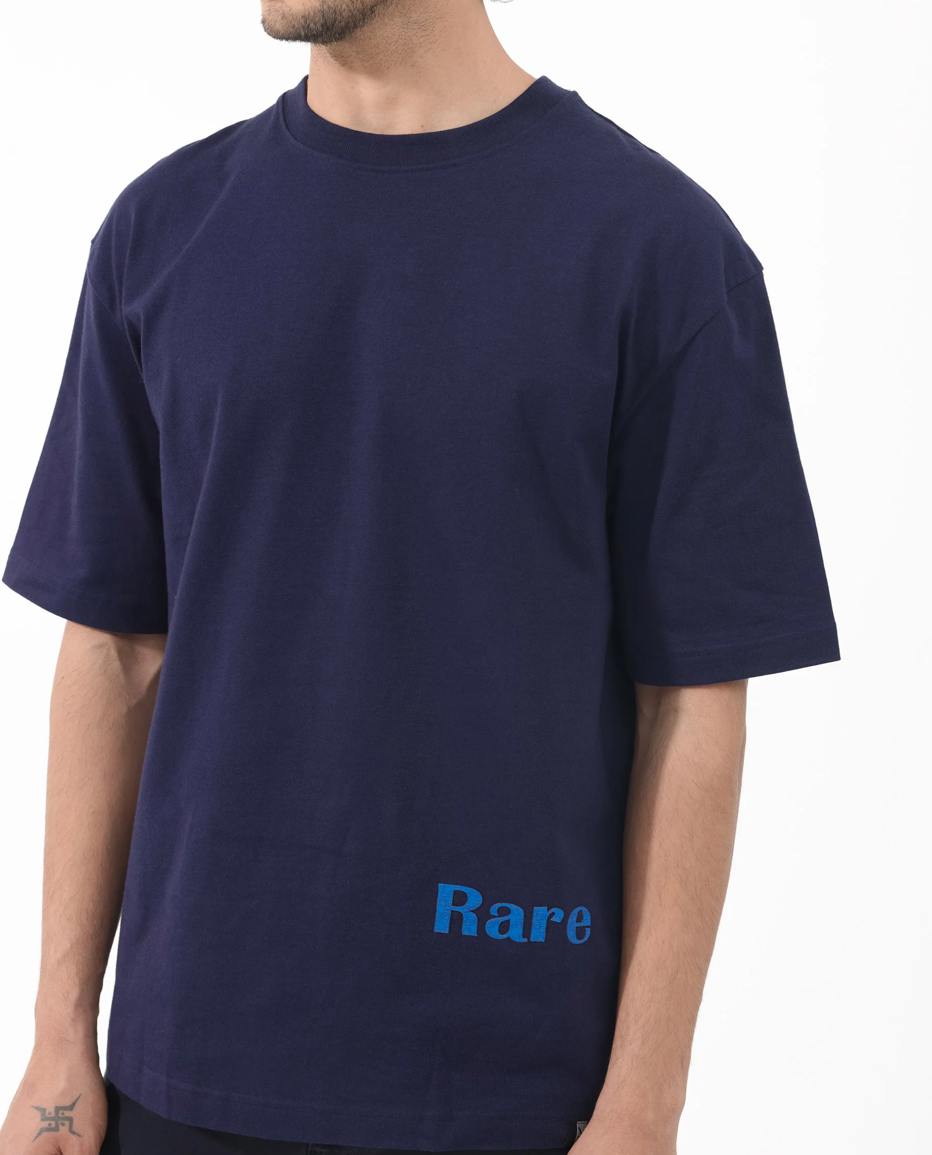 Rare Rabbit Articale Men's Meta Navy Cotton Polyester Fabric Crew Neck Oversized Fit Knit Graphic Print T-Shirt - Image 4