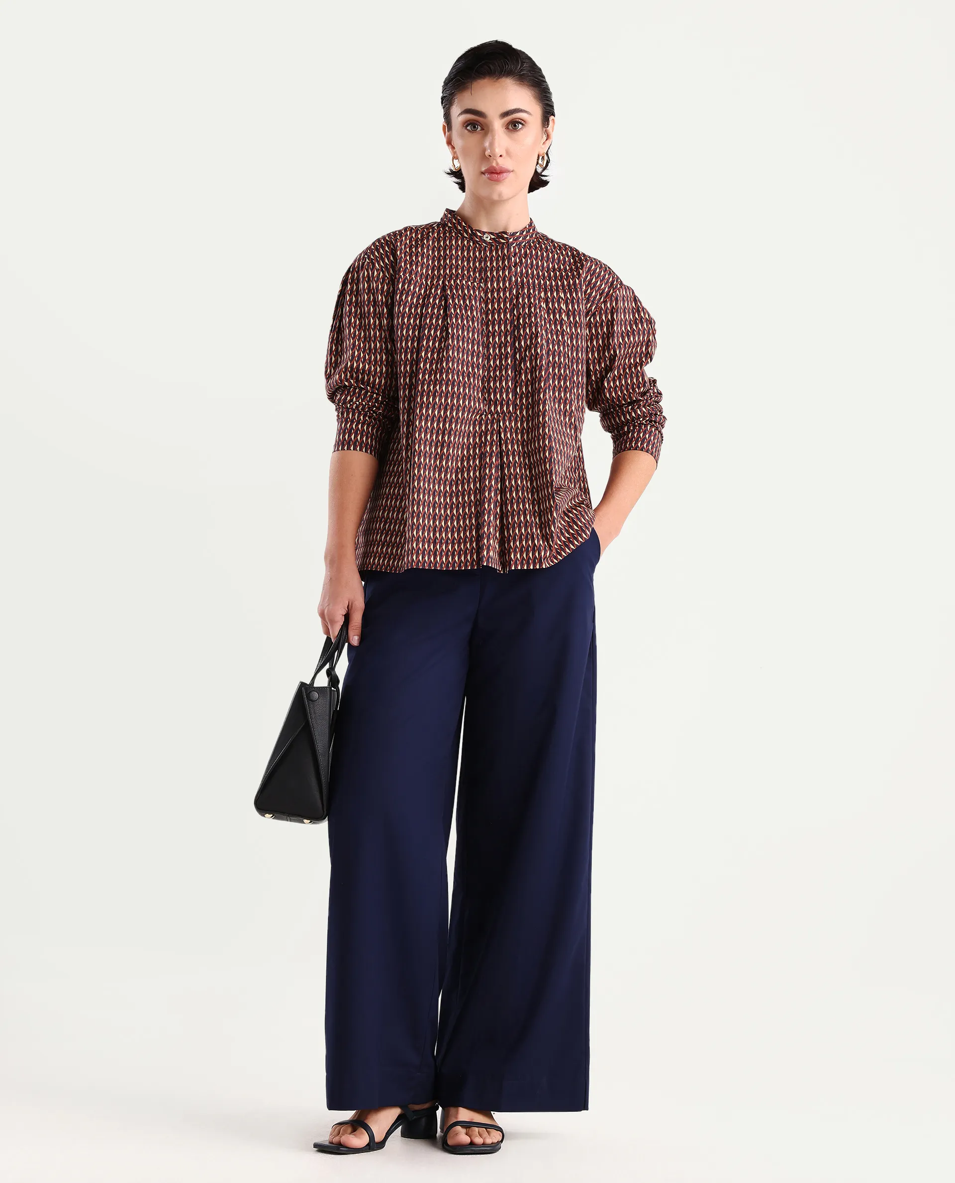 Rareism Women's Meteor Dark Multi Polyester Blend Mandarin Collar Geometric Print Relaxed Fit Top - Image 2