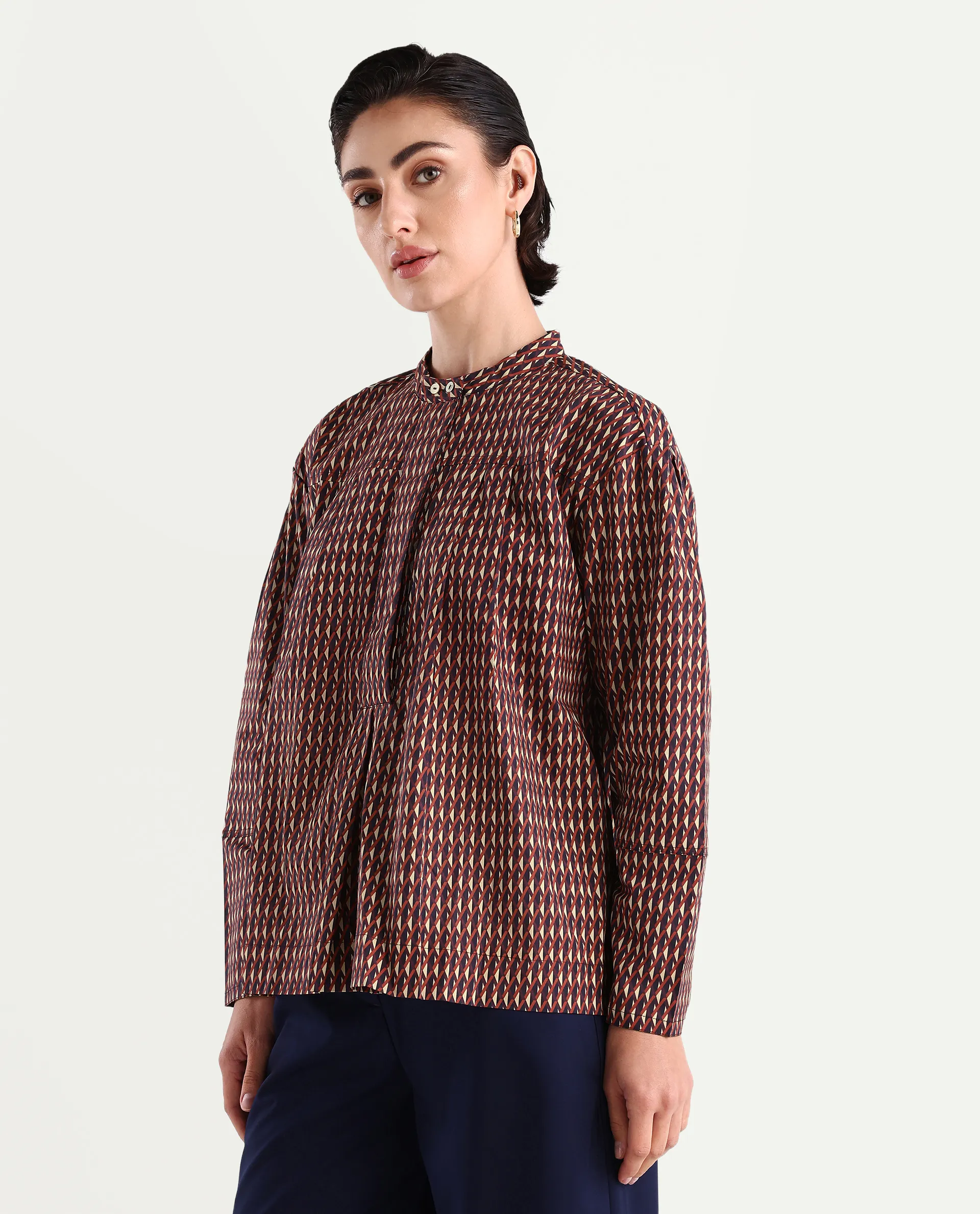 Rareism Women's Meteor Dark Multi Polyester Blend Mandarin Collar Geometric Print Relaxed Fit Top - Image 5