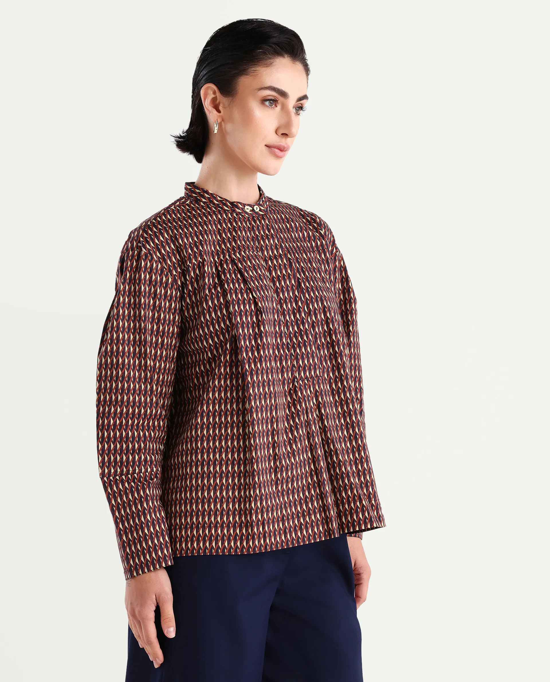 Rareism Women's Meteor Dark Multi Polyester Blend Mandarin Collar Geometric Print Relaxed Fit Top - Image 6