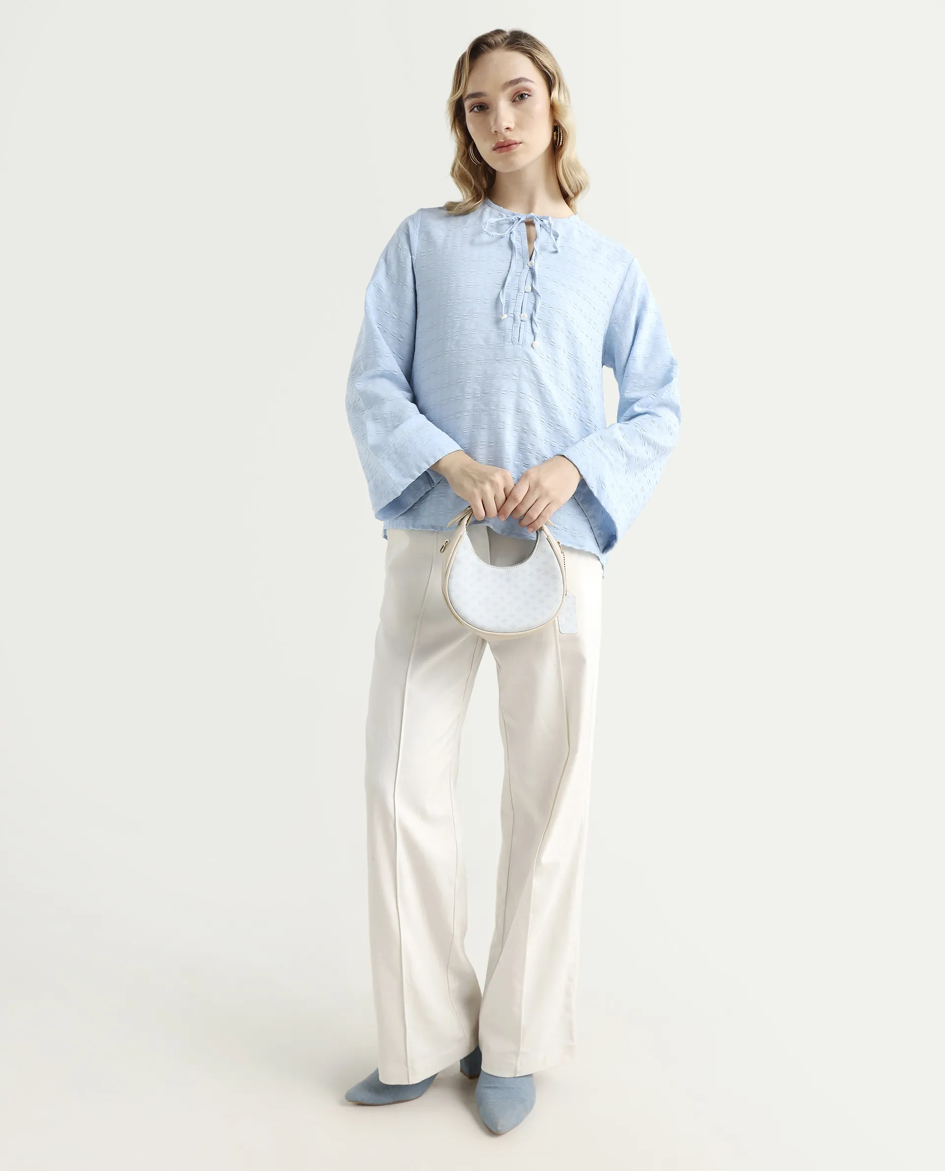 Rareism Women's Metio Blue Polyester Blend Tie-Up Neck Plain Relaxed Fit Top - Image 2