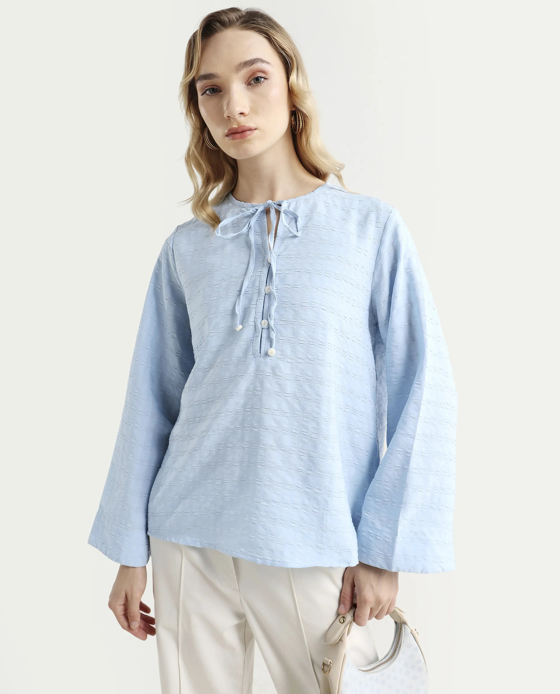 Rareism Women's Metio Blue Polyester Blend Tie-Up Neck Plain Relaxed Fit Top - Image 3