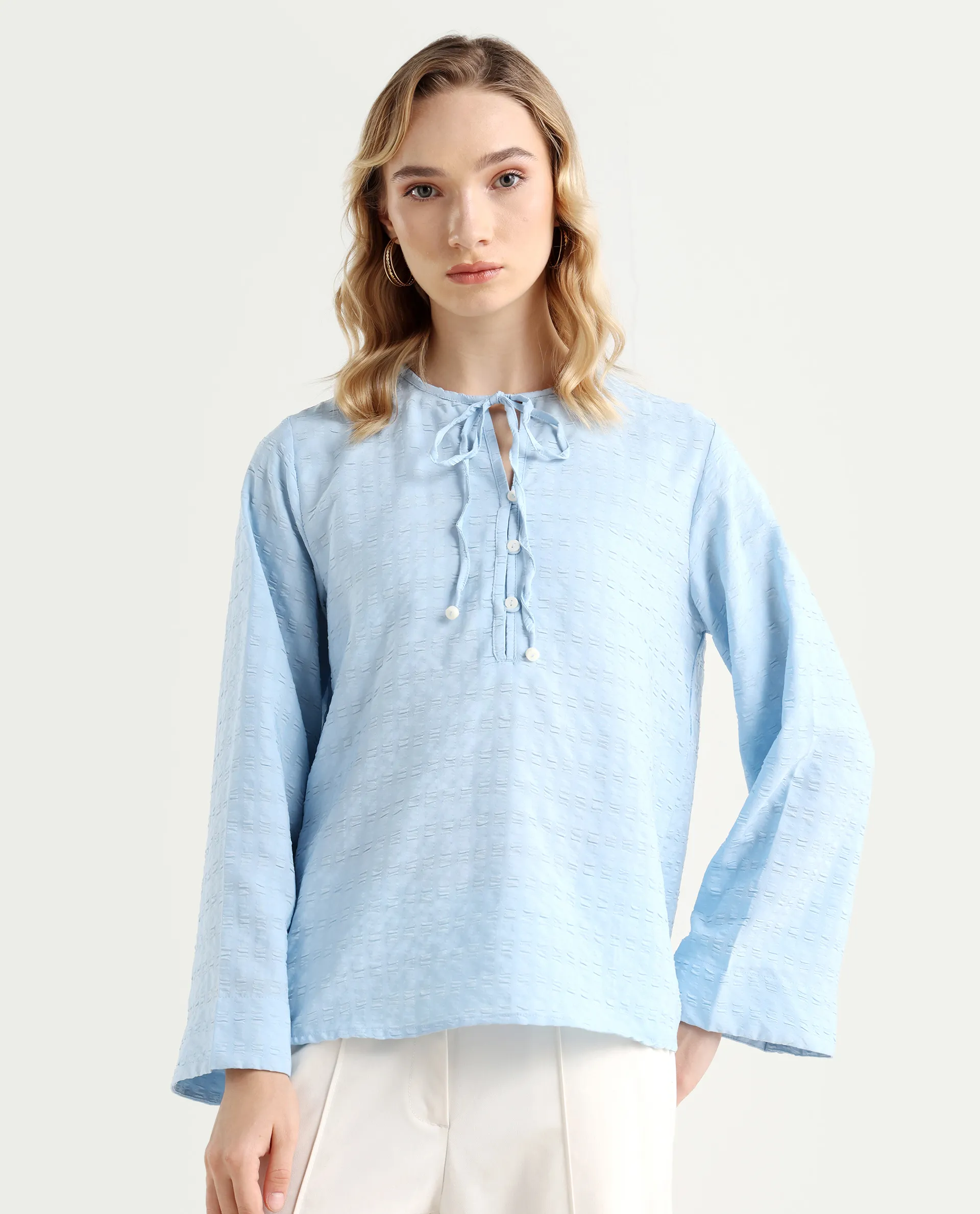 Rareism Women's Metio Blue Polyester Blend Tie-Up Neck Plain Relaxed Fit Top - Image 4