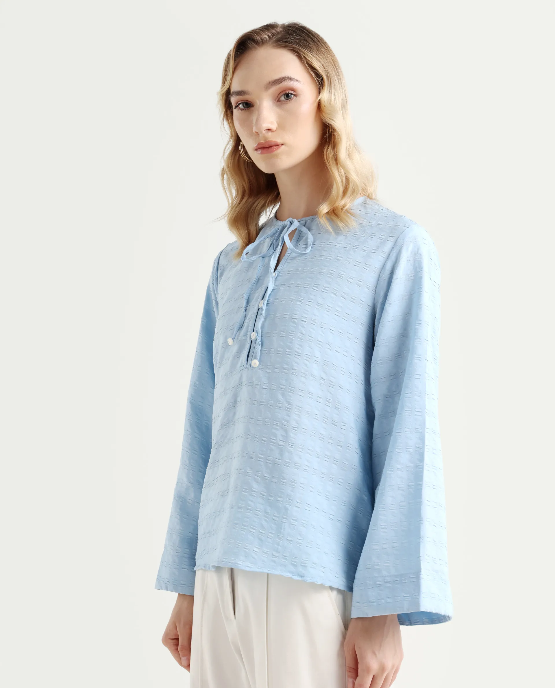 Rareism Women's Metio Blue Polyester Blend Tie-Up Neck Plain Relaxed Fit Top - Image 5