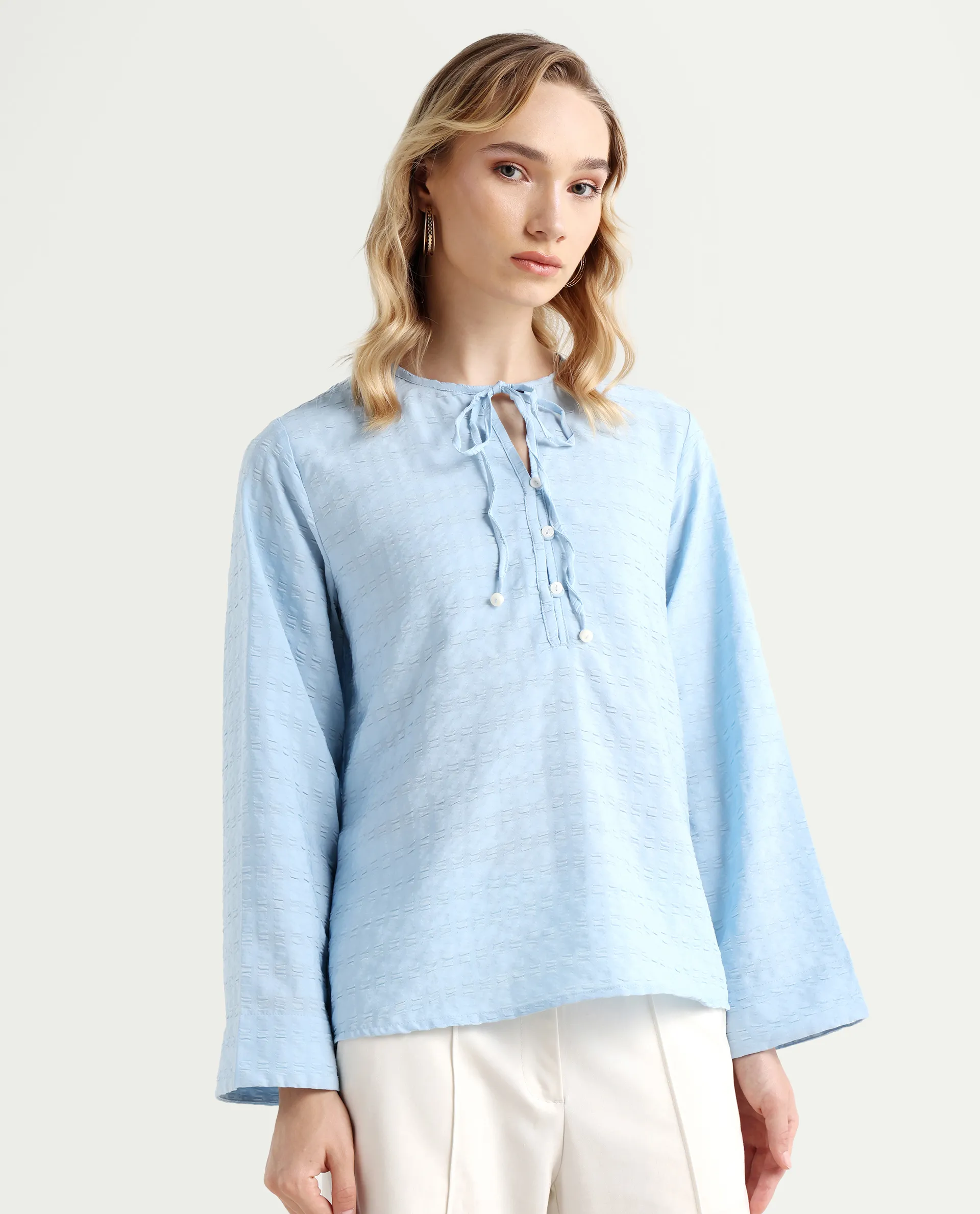 Rareism Women's Metio Blue Polyester Blend Tie-Up Neck Plain Relaxed Fit Top - Image 6