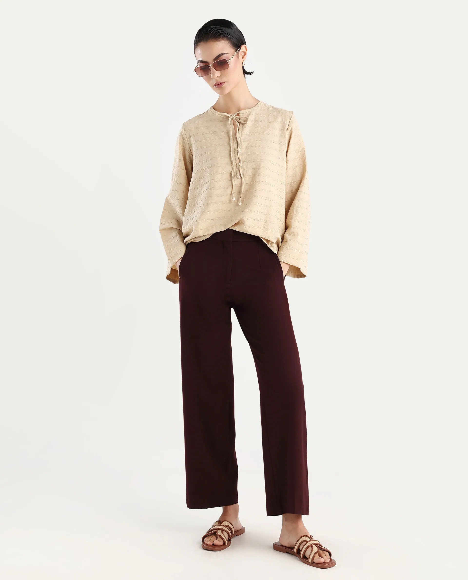 Rareism Women's Metio Light Beige Polyester Blend Tie-Up Neck Plain Relaxed Fit Top - Image 2