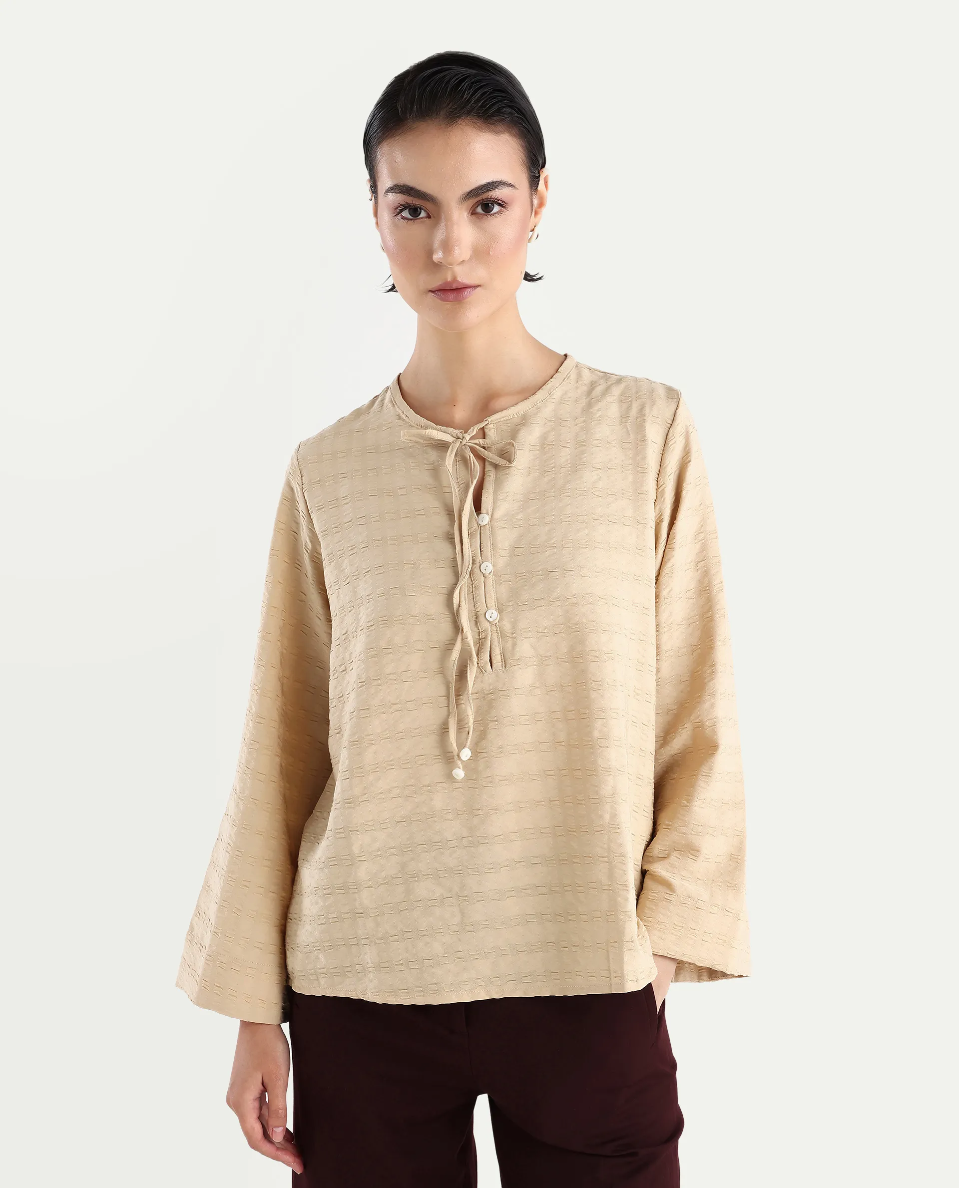 Rareism Women's Metio Light Beige Polyester Blend Tie-Up Neck Plain Relaxed Fit Top - Image 3