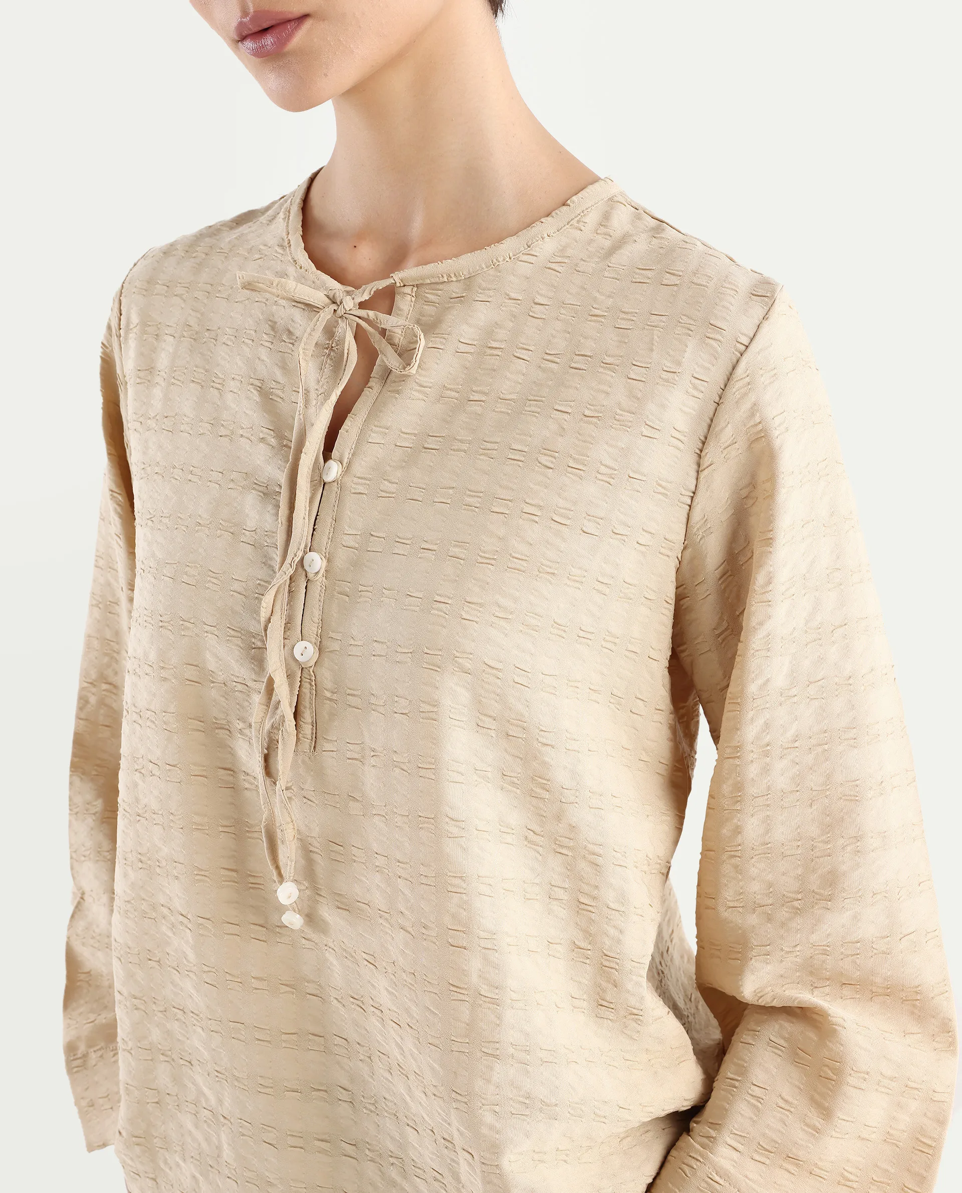 Rareism Women's Metio Light Beige Polyester Blend Tie-Up Neck Plain Relaxed Fit Top - Image 4