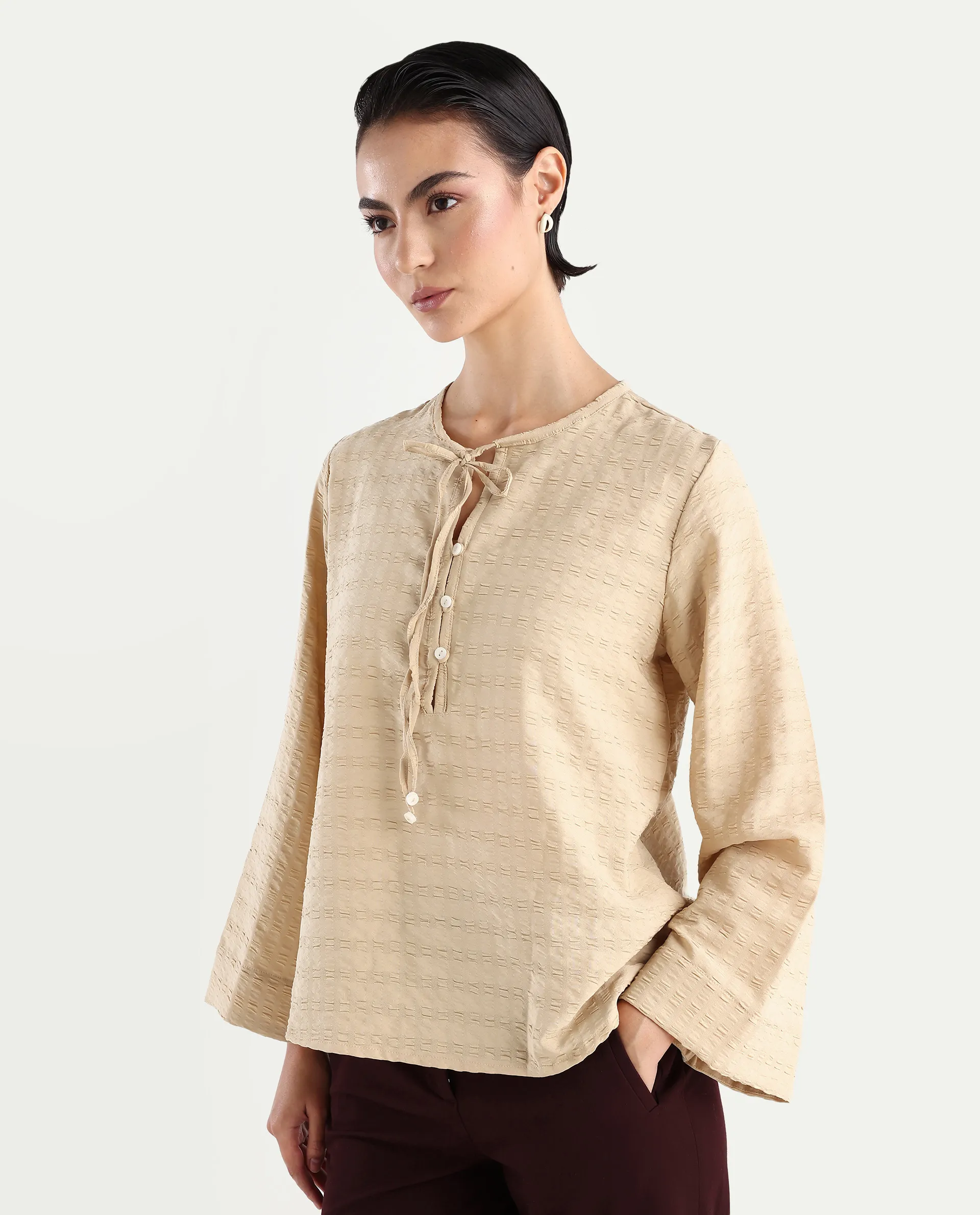 Rareism Women's Metio Light Beige Polyester Blend Tie-Up Neck Plain Relaxed Fit Top - Image 5