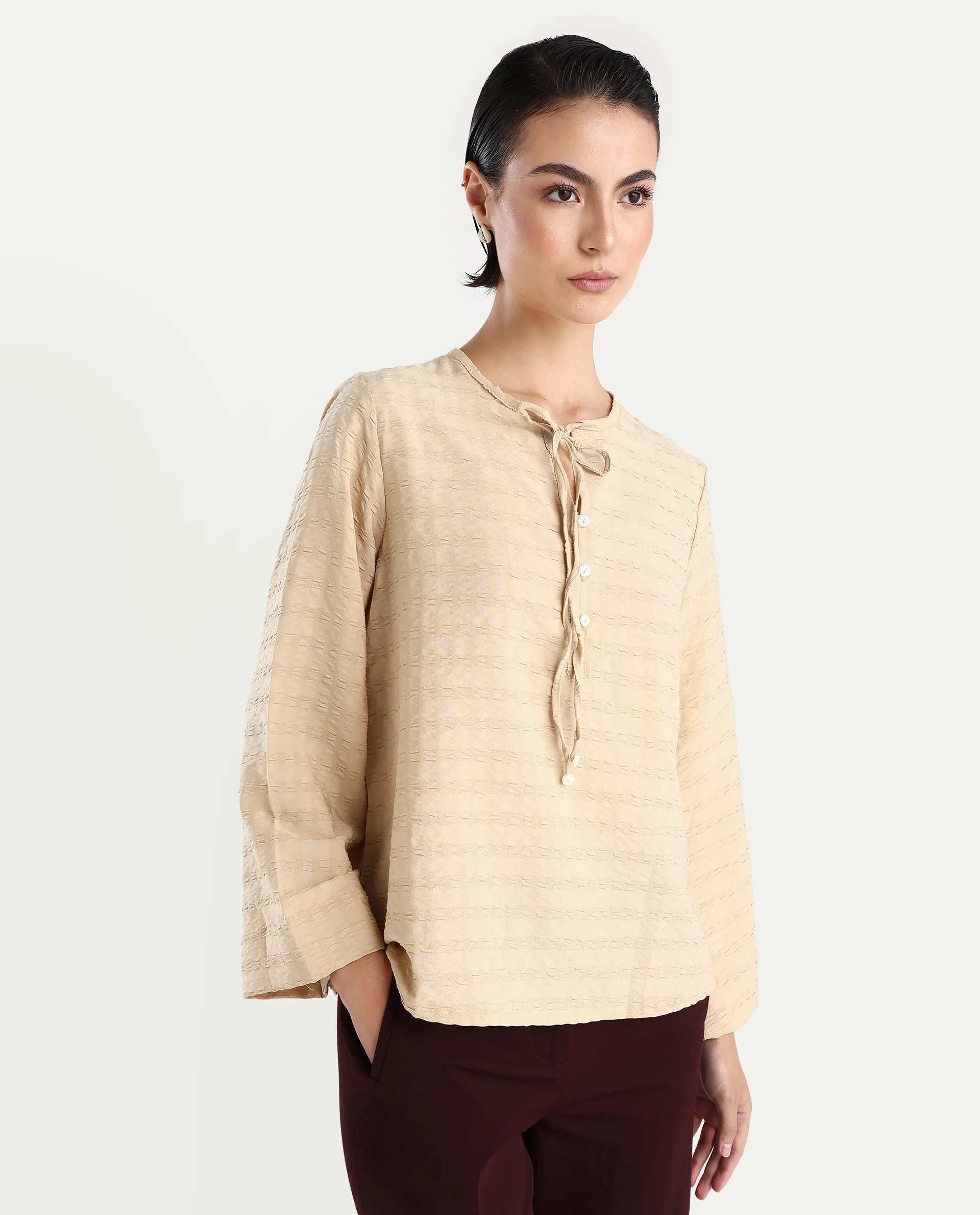 Rareism Women's Metio Light Beige Polyester Blend Tie-Up Neck Plain Relaxed Fit Top - Image 6