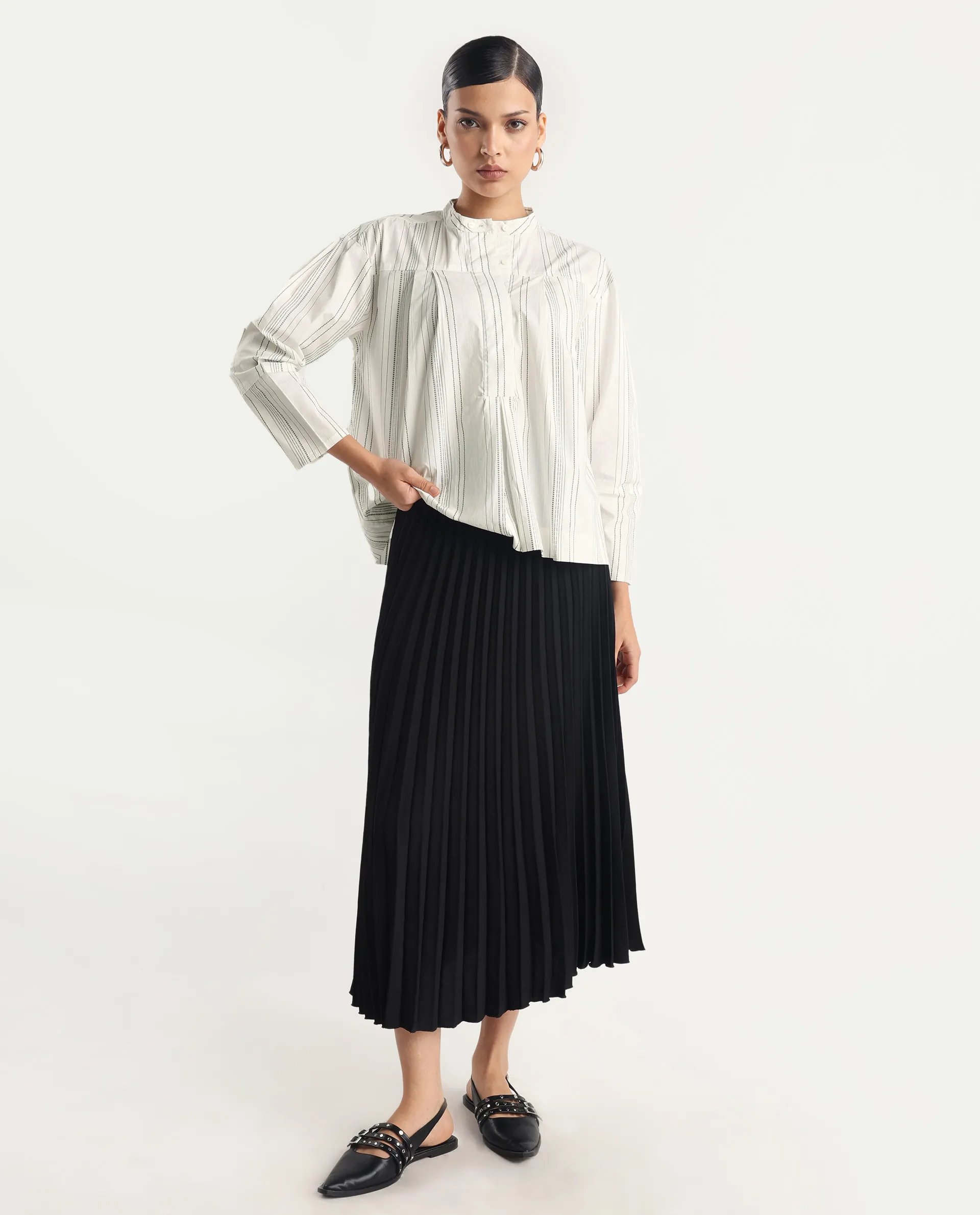 Rareism Women's Meton White Polyester Blend Mandarin Collar Striped Relaxed Fit Top - Image 2