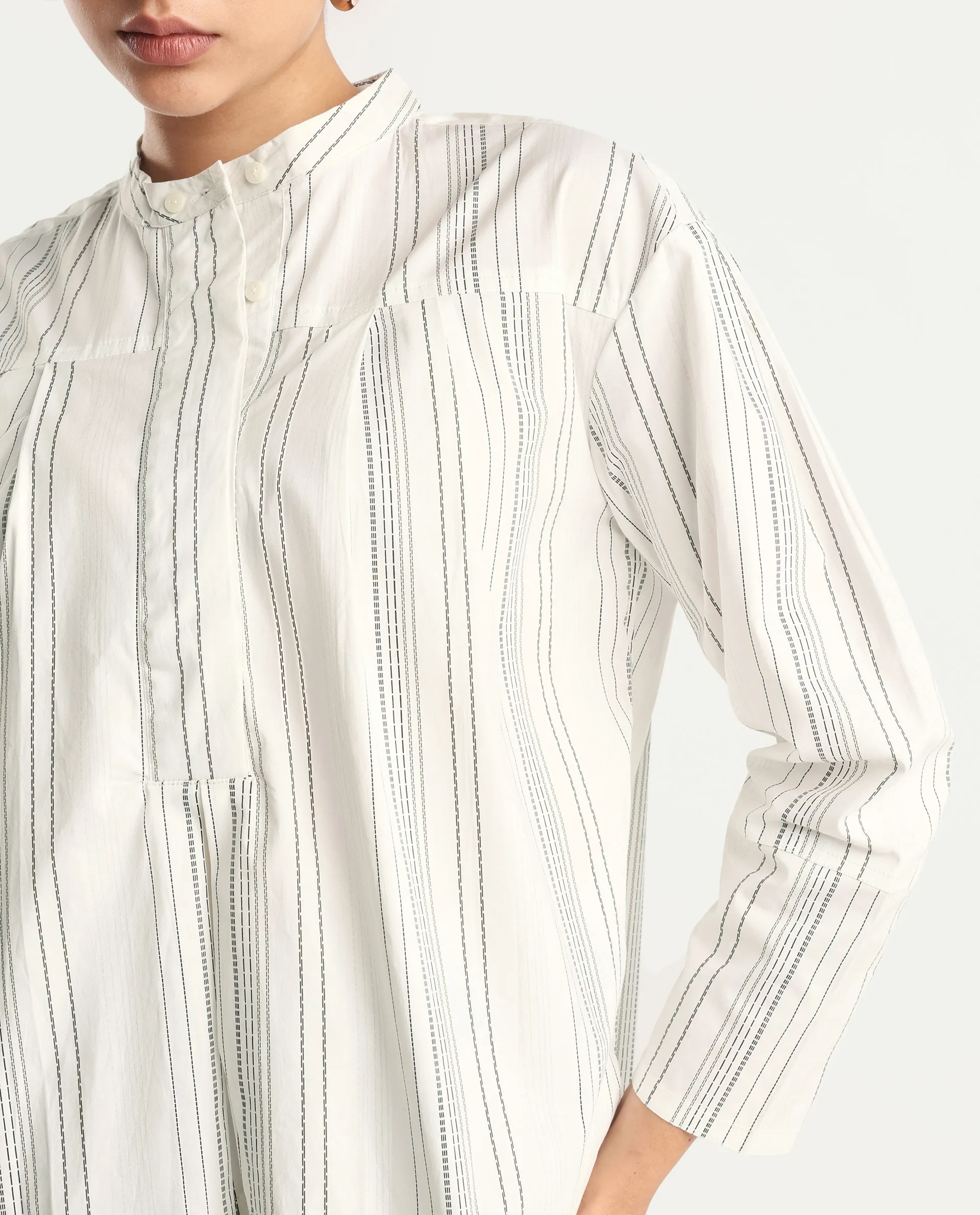 Rareism Women's Meton White Polyester Blend Mandarin Collar Striped Relaxed Fit Top - Image 3