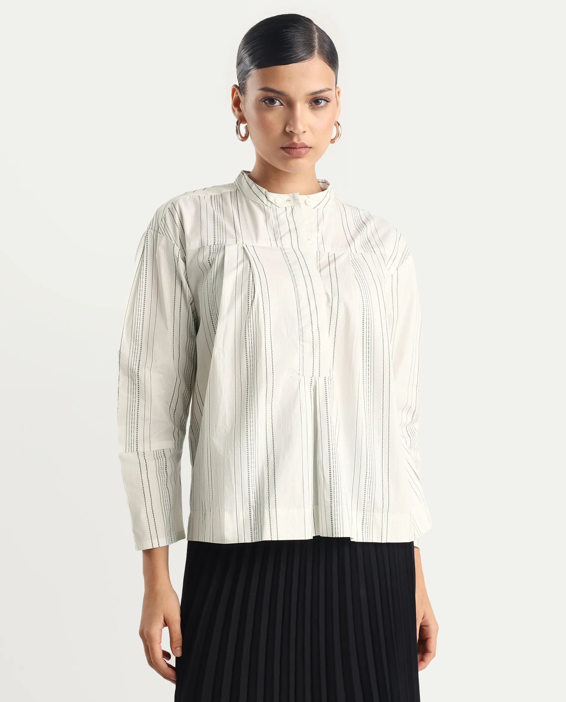 Rareism Women's Meton White Polyester Blend Mandarin Collar Striped Relaxed Fit Top - Image 4