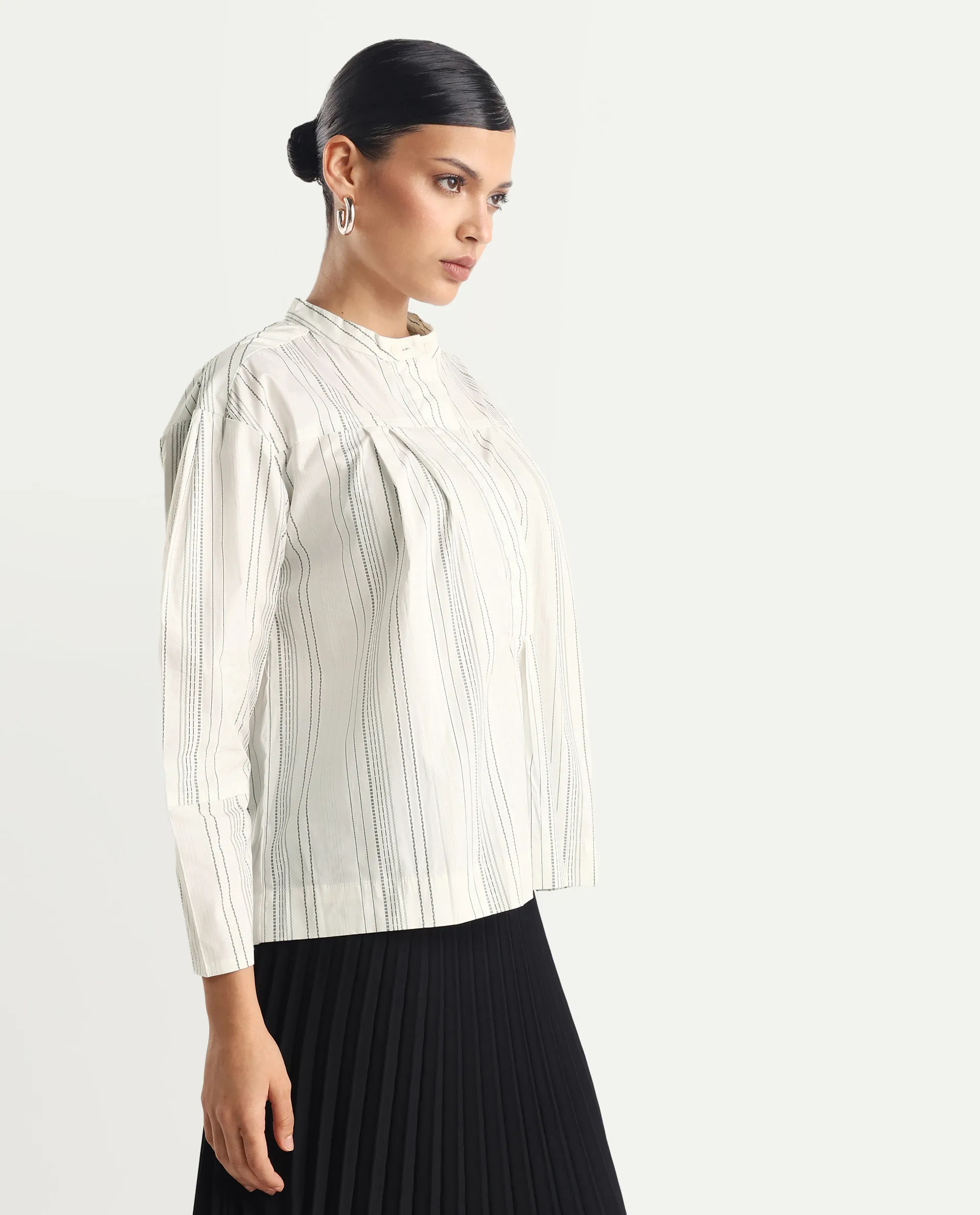 Rareism Women's Meton White Polyester Blend Mandarin Collar Striped Relaxed Fit Top - Image 5