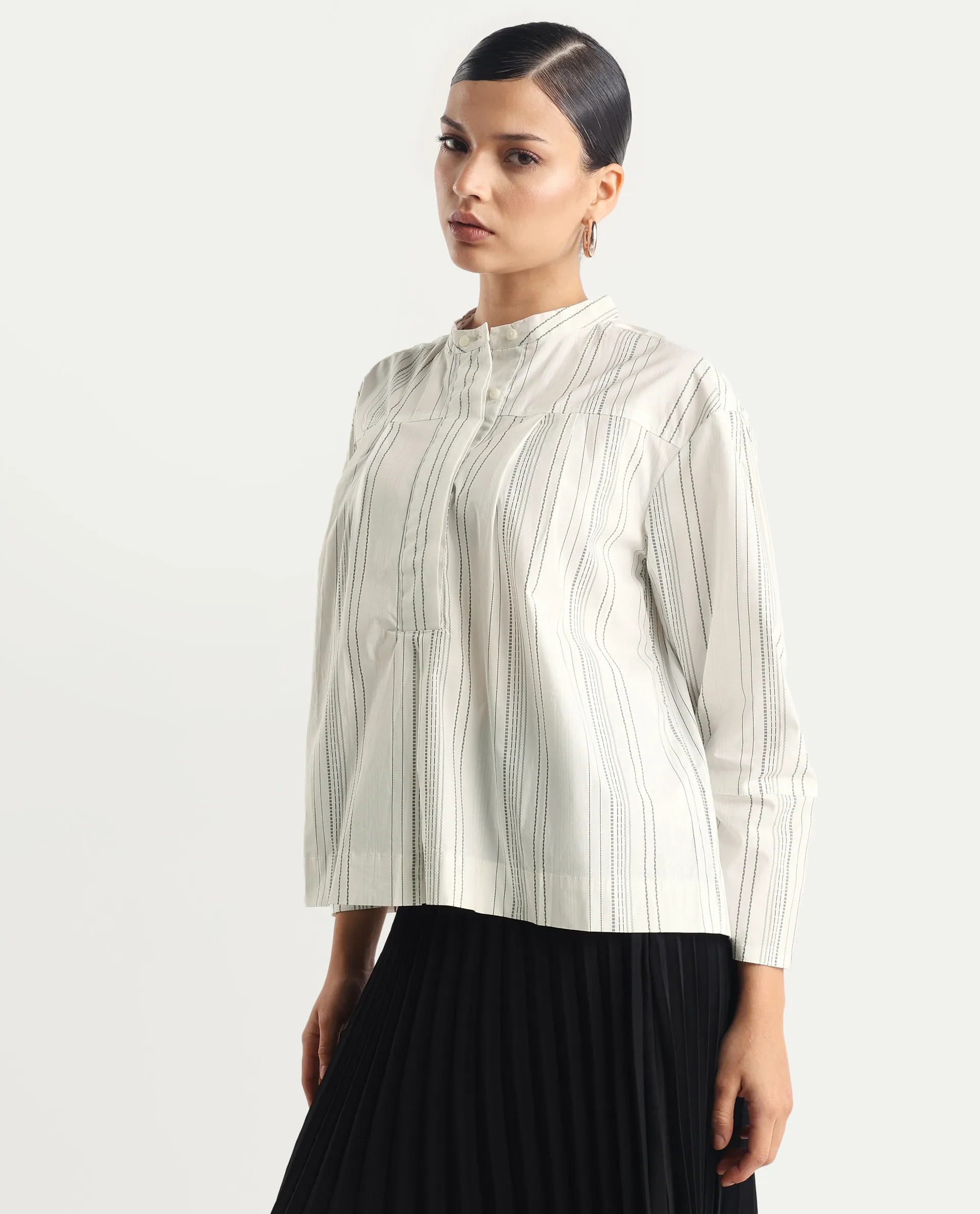 Rareism Women's Meton White Polyester Blend Mandarin Collar Striped Relaxed Fit Top - Image 6