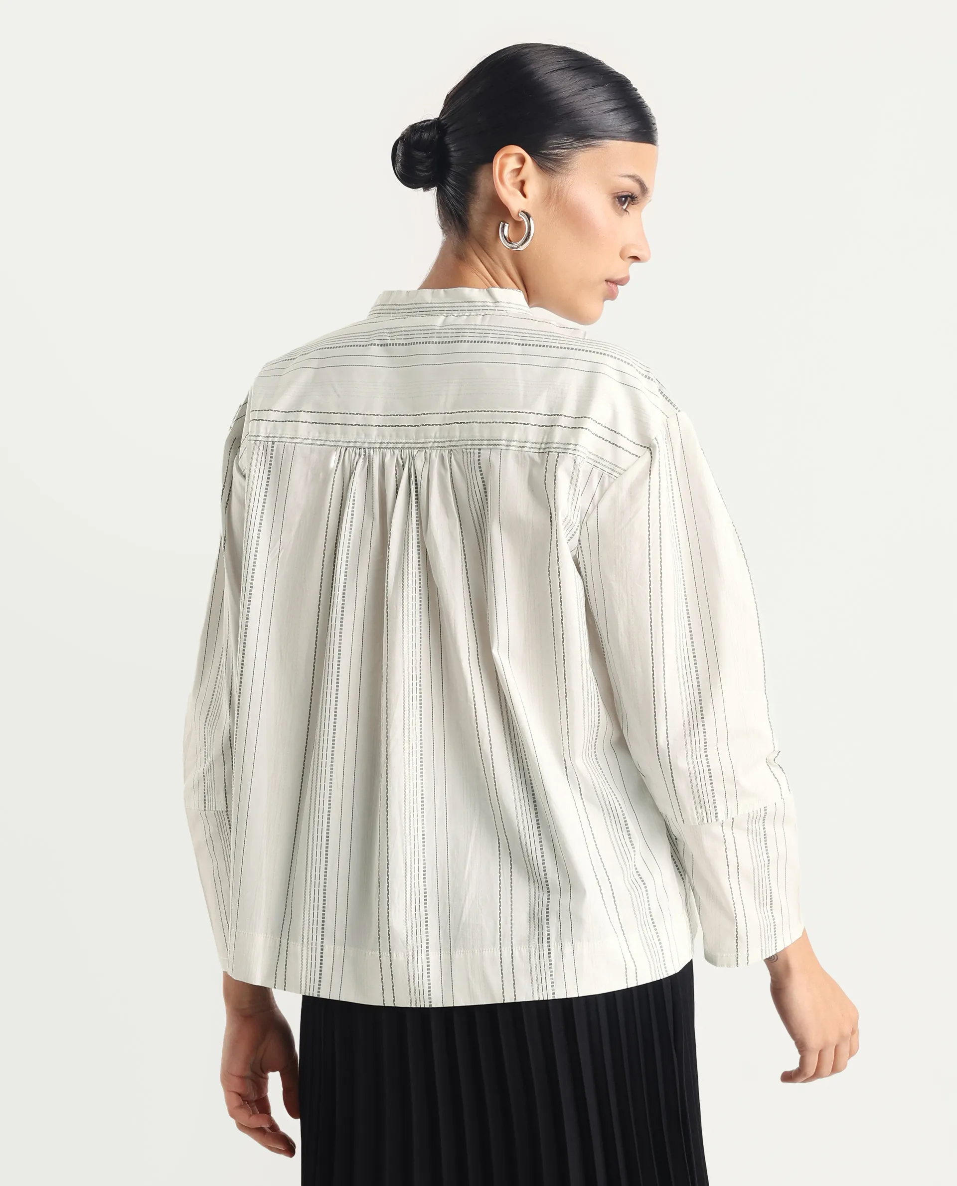 Rareism Women's Meton White Polyester Blend Mandarin Collar Striped Relaxed Fit Top - Image 7