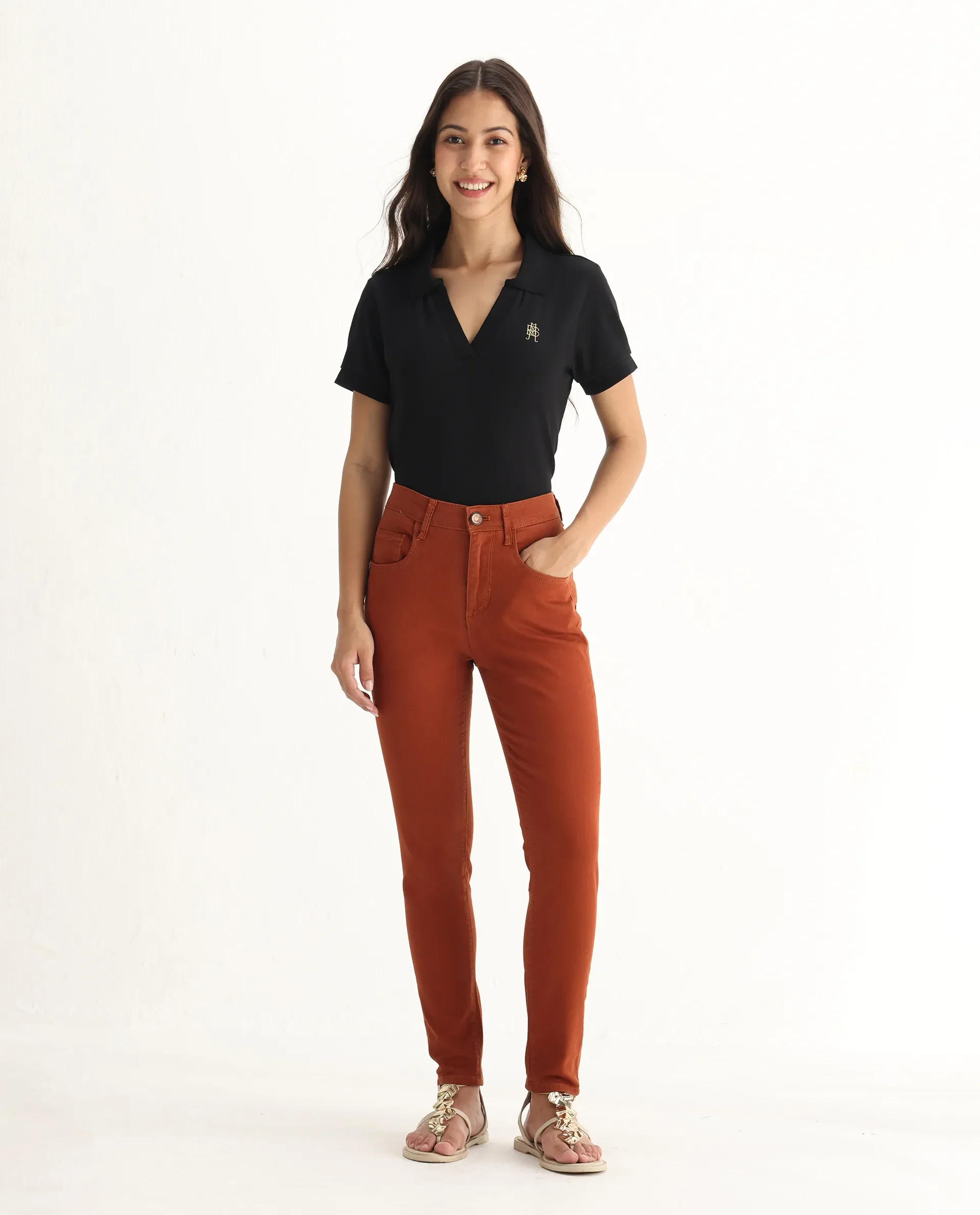 Rareism Women's Metty Rust Cotton Blend Plain Ankle Length Slim Fit Jeans - Image 5